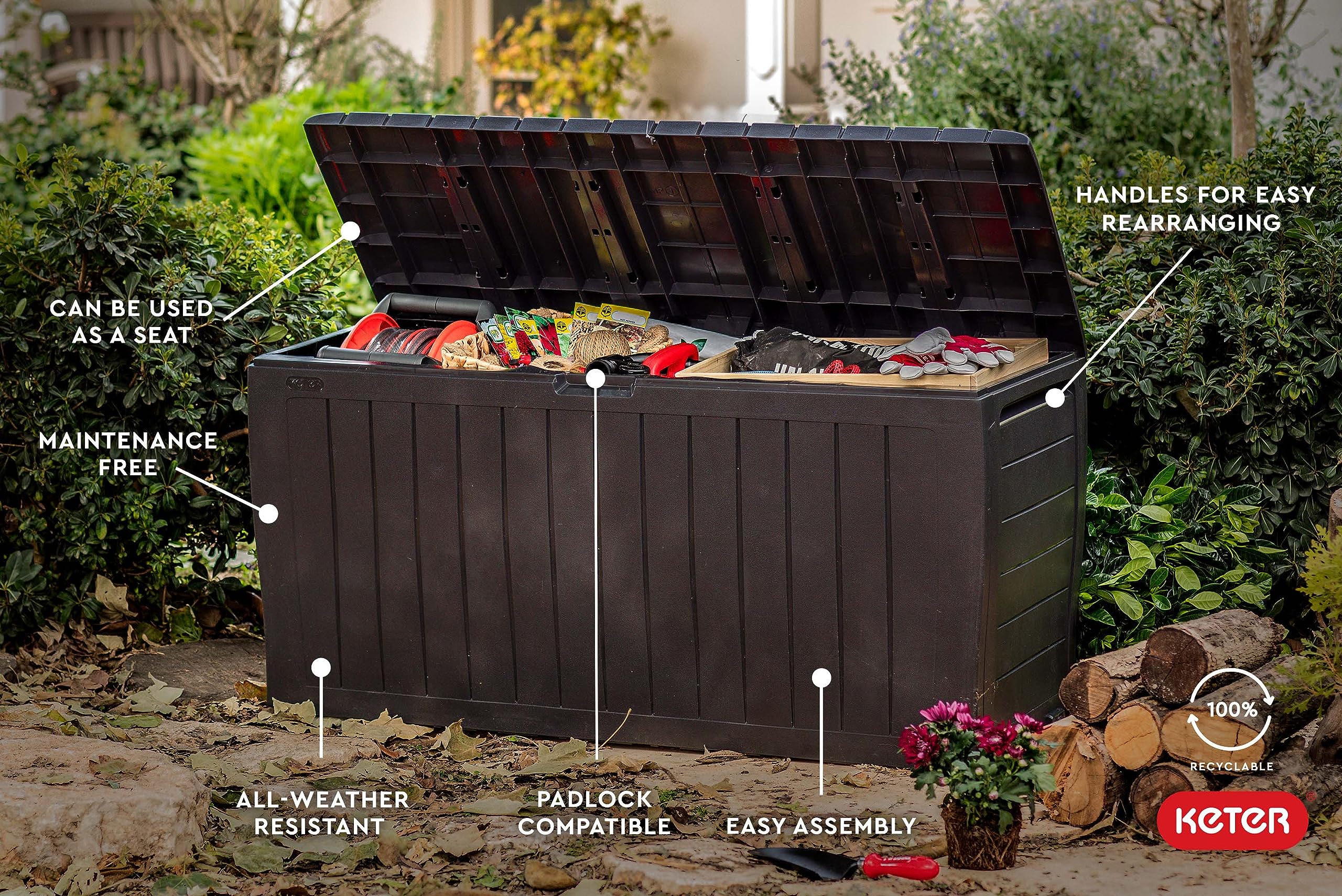 Keter 71 Gallon Marvel Plus Resin Outdoor Storage Box for Patio Furniture Cushions, Throw Pillows, Garden Tools and Pool Floats, Brown