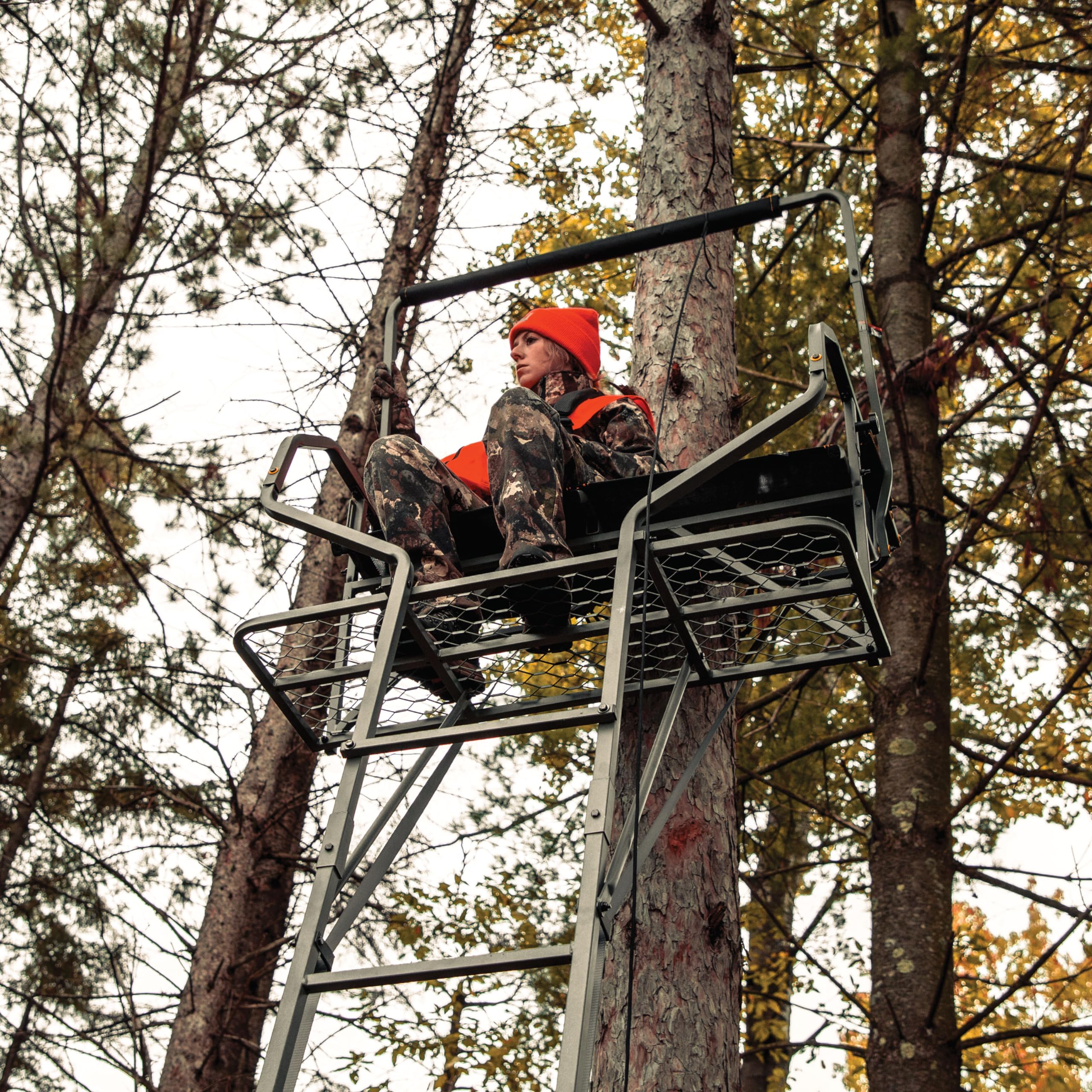 Relax 2-Man LS Ladder Stand, Rivers Edge, 16’10” Height, Lockdown Strapping System, Large Platform, TearTuff Mesh Seat, Flip-Back Shooting Rail, RE673