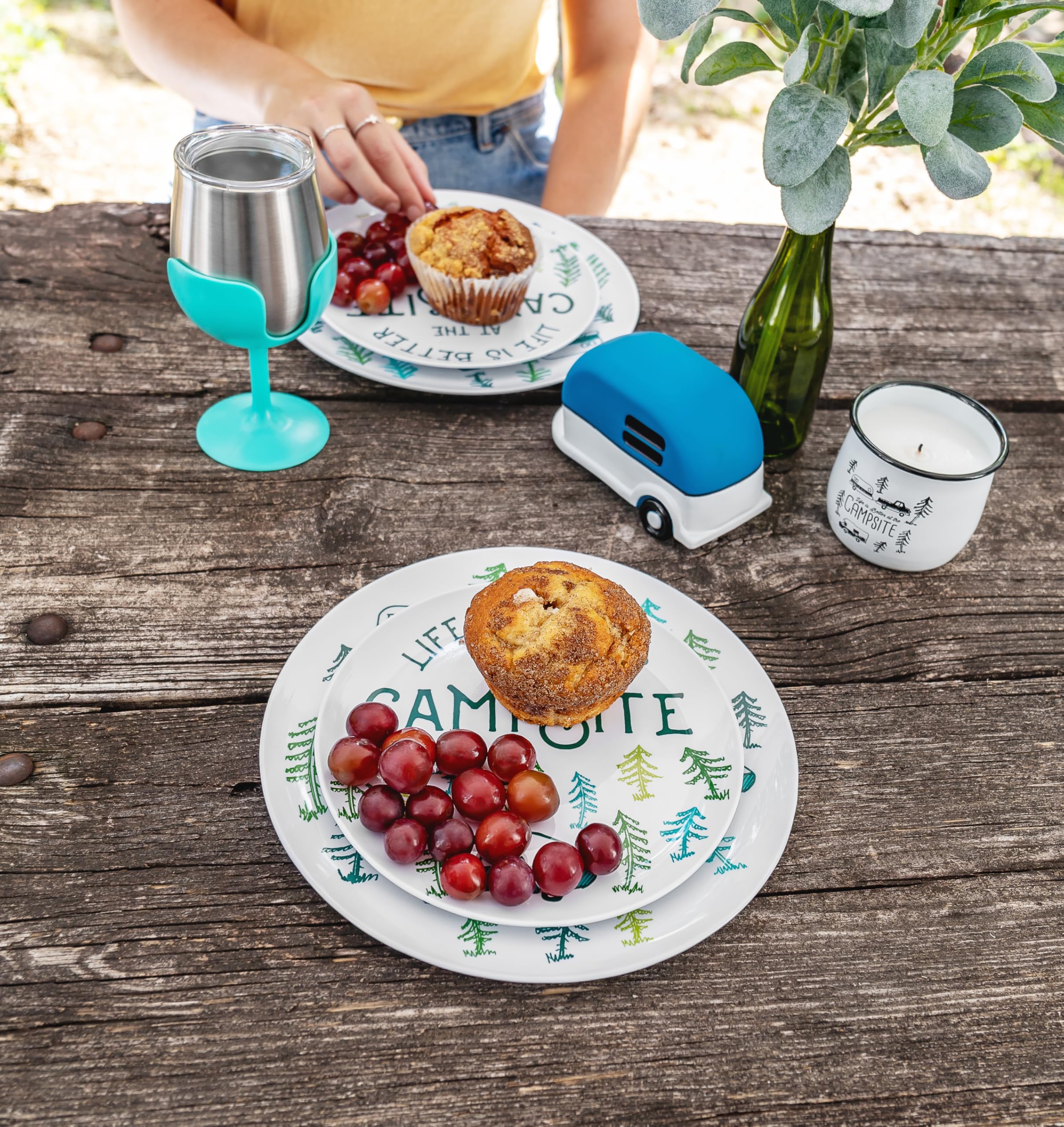 Camco Stainless Steel Wine Tumbler Life is Better at The Campsite 2-Pack - Features Heavy Duty Double Wall Vacuum Insulation & Removable Navy, Red, Green & Yellow Stems - Holds 8-oz Each - Blue(53484)