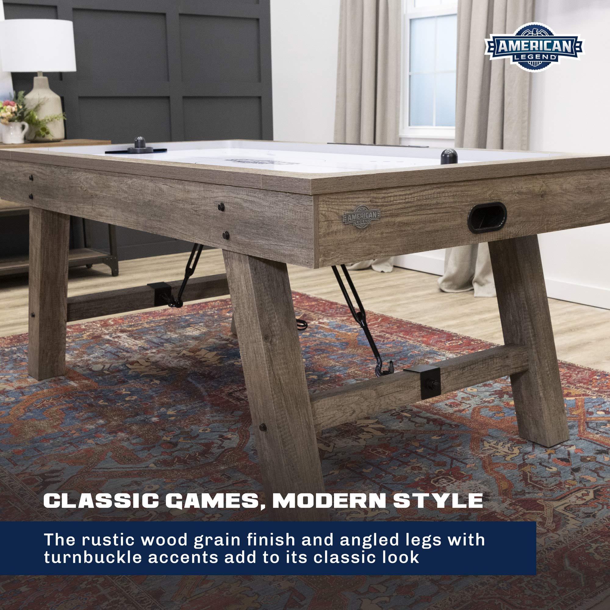 Brookdale American Legend Air-Powered Hockey Table with Rustic Wood Grain Finish, Angled Legs and Turnbuckle Accents Brown, 75.31"L x 38.98"W x 8.5"H