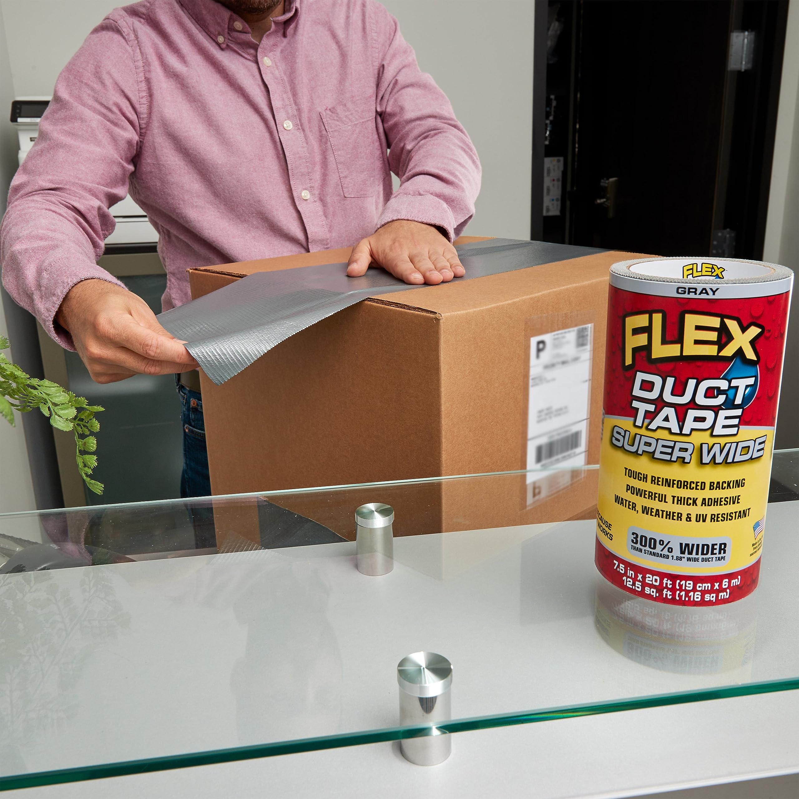 Super Wide Flex Duct Tape, 7.5 Inches x 20 Feet, Gray, Heavy Duty Strong, Multi-Surface, Water, Weather and UV Resistant, Tearable, Perfect for Boxes, No Residue