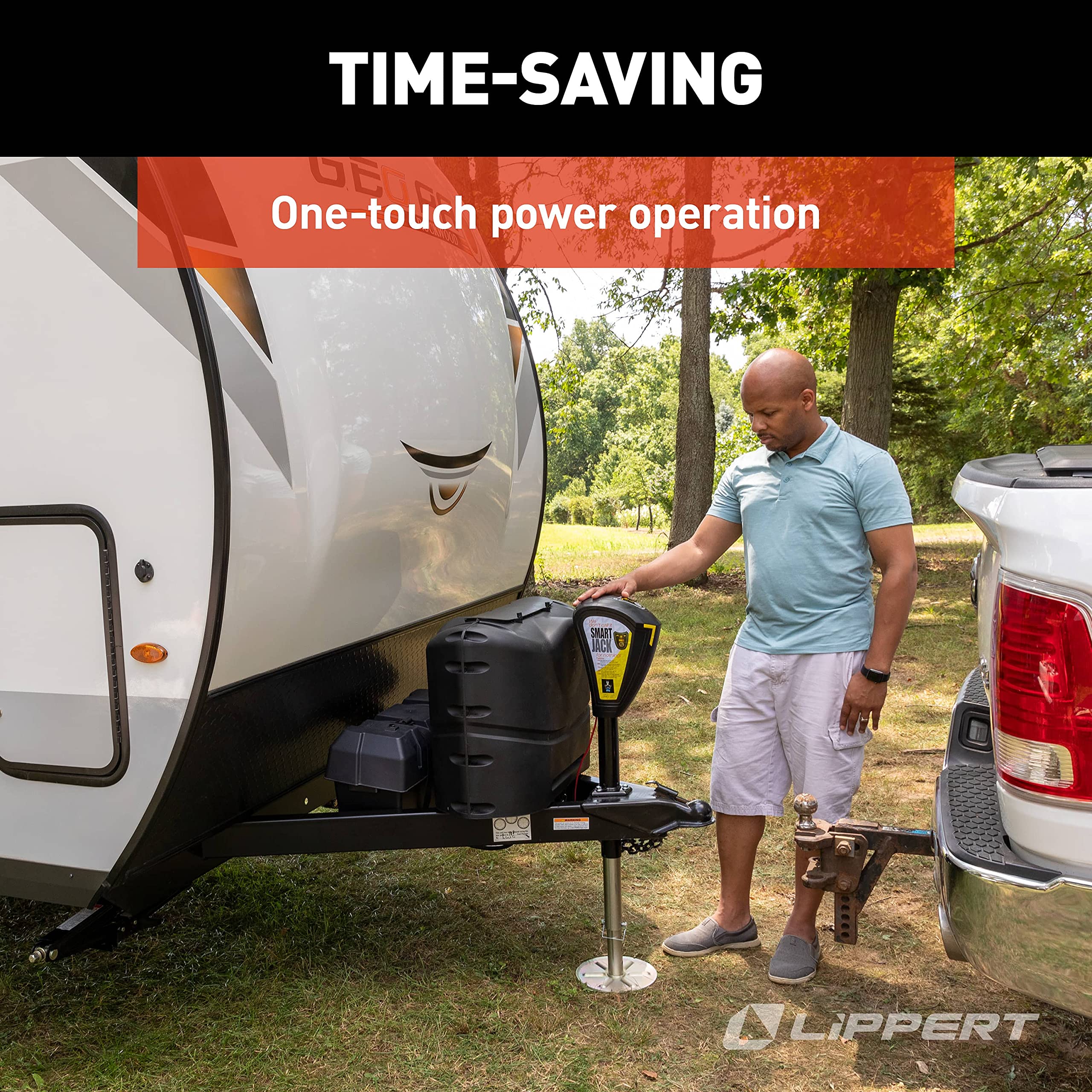 Lippert Smart Jack One-Touch Automatic Power Electric A-Frame Trailer Tongue, 3,500 lbs. Auto-Hitch Memory, Integrated LED Lights, Backlit Controls, Battery Indicator, Quiet - 643589