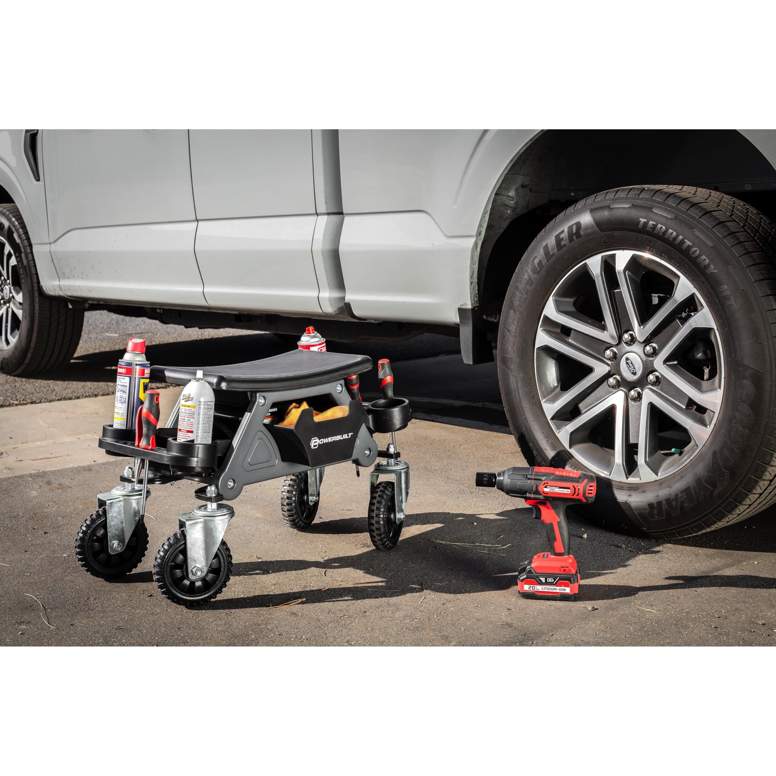 Powerbuilt Rolling Seat Big Wheel, Off-Road Series, Locked in Tool Trays, Heavy-Duty Wheels for Gravel and Rocks - Grey 642965ECE