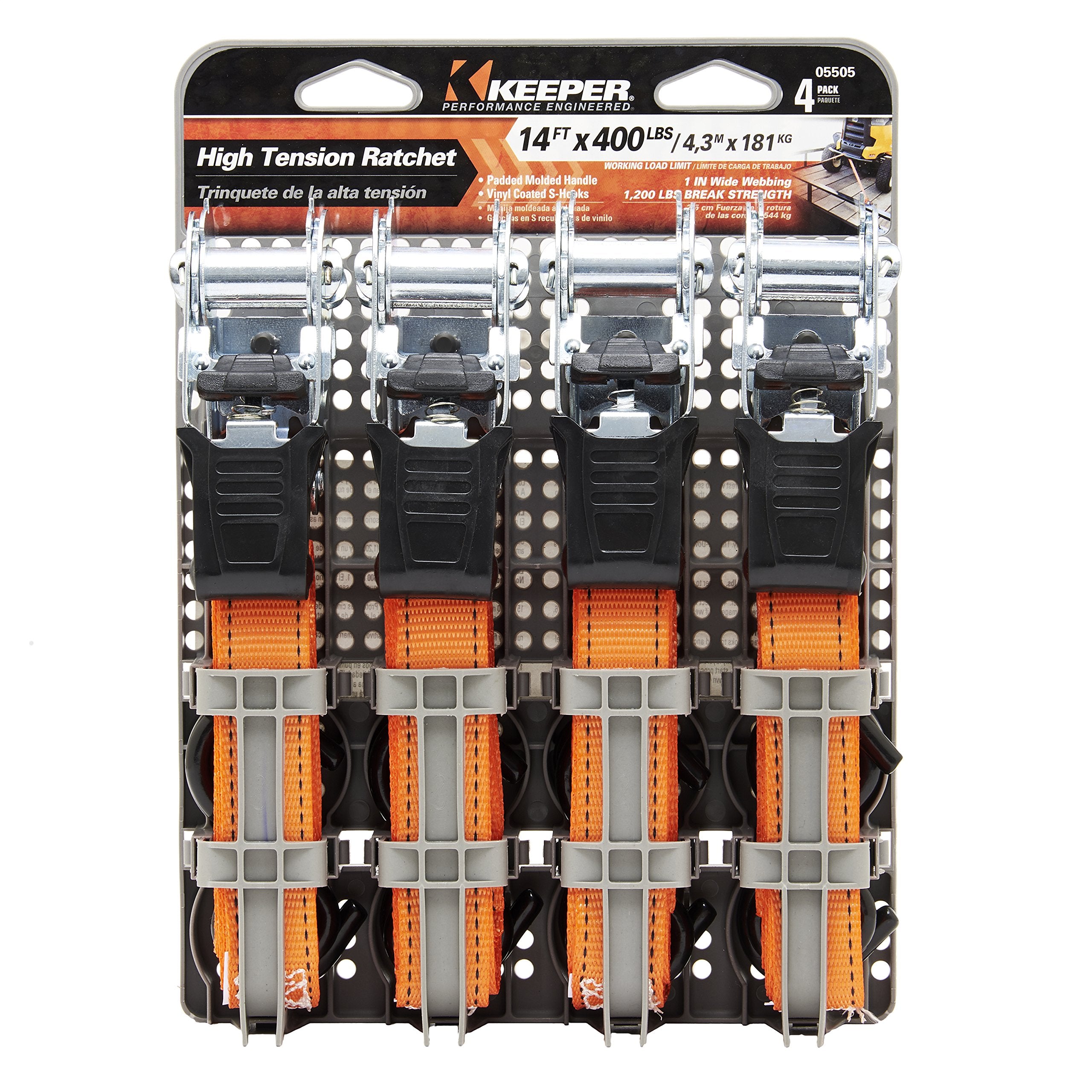 1” x 14' High Tension Ratchet Tie-Down Keeper with S Hooks, 4 Pack - 400 lbs. Working Load Limit