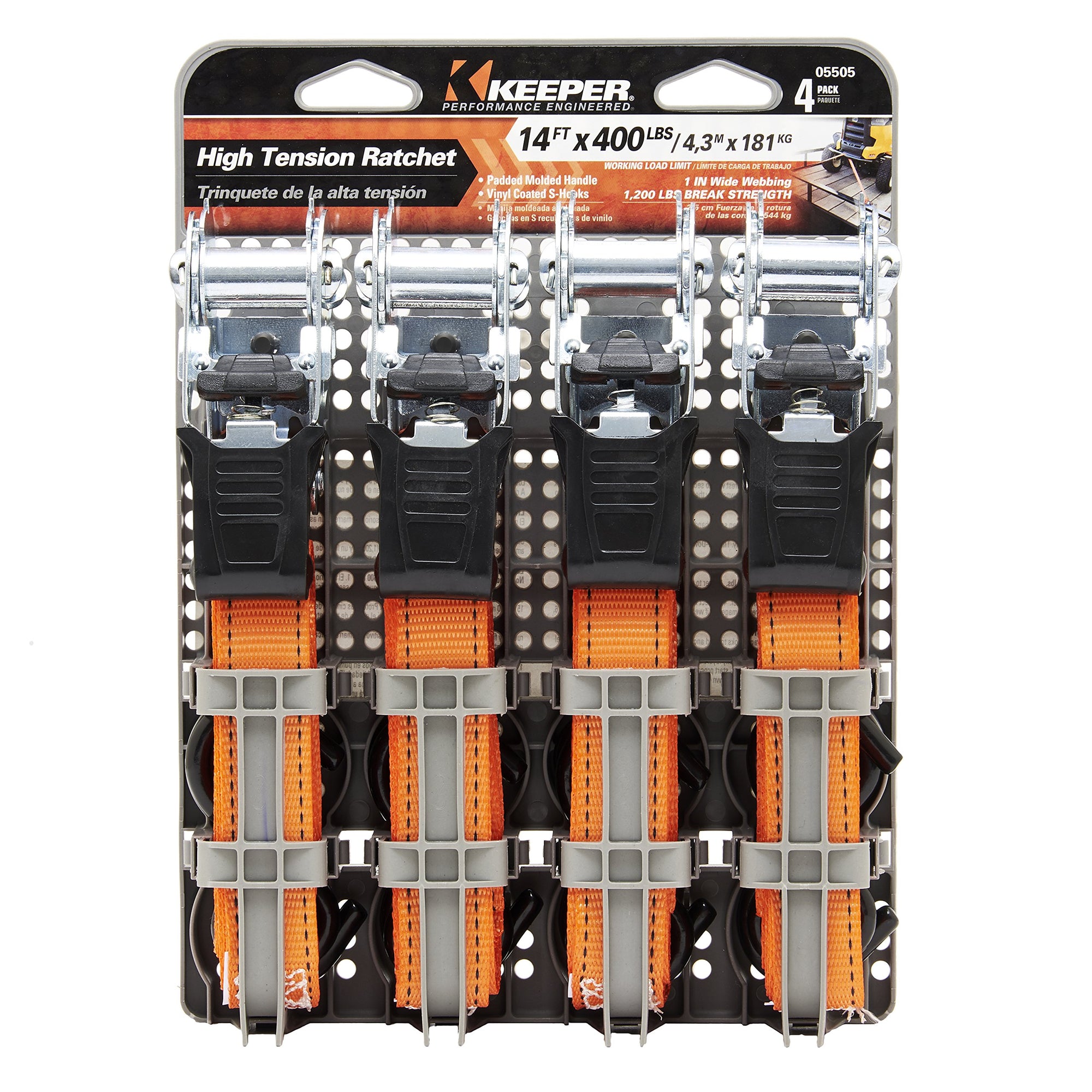 1” x 14' High Tension Ratchet Tie-Down Keeper with S Hooks, 4 Pack - 400 lbs. Working Load Limit