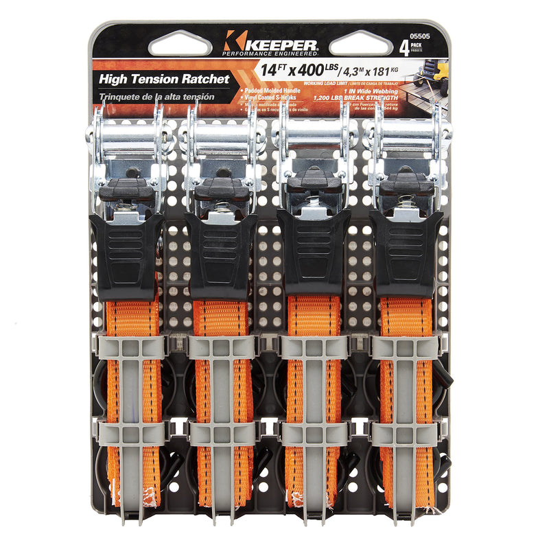 1” x 14' High Tension Ratchet Tie-Down Keeper with S Hooks, 4 Pack - 400 lbs. Working Load Limit