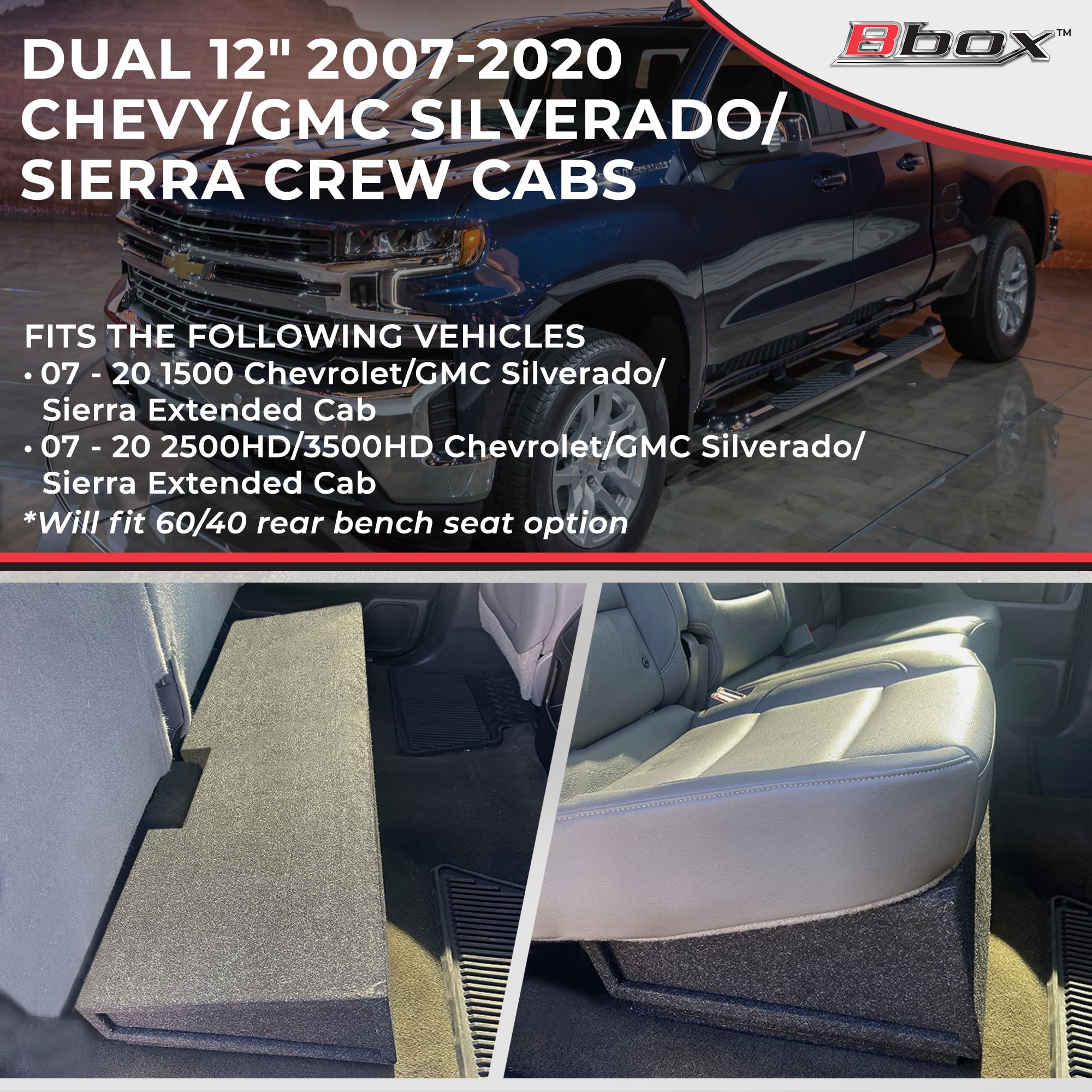 Atrend Bbox Dual 12" Sealed Carpeted Subwoofer Enclosure A184-12CP - Fits 2007 - 2020 Chevrolet/GMC Silverado/Sierra Crew Cab, Charcoal