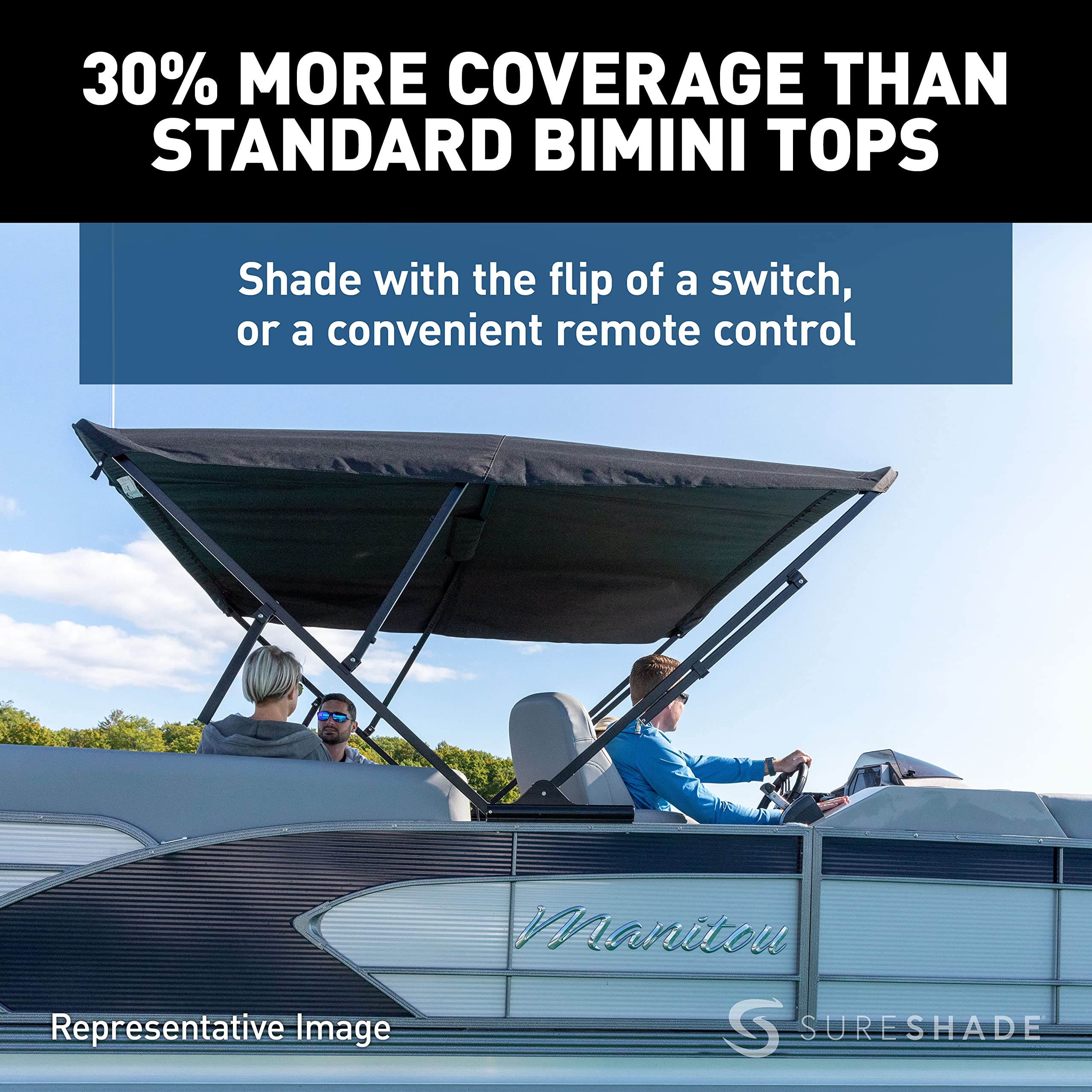 Power SureShade Pontoon Bimini Top - Black Anodized Frame, Green Fabric