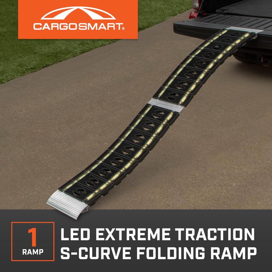 CargoSmart Hybrid LED S-Curve Centerfold Loading Ramp, 1 Pack — 1,500lb Per Pair Capacity, 12” W x 90” L — Aluminum Ramp with Built-in LED Lights, Load/Unload Lawn Equipment, Motorcycles, ATVs & More