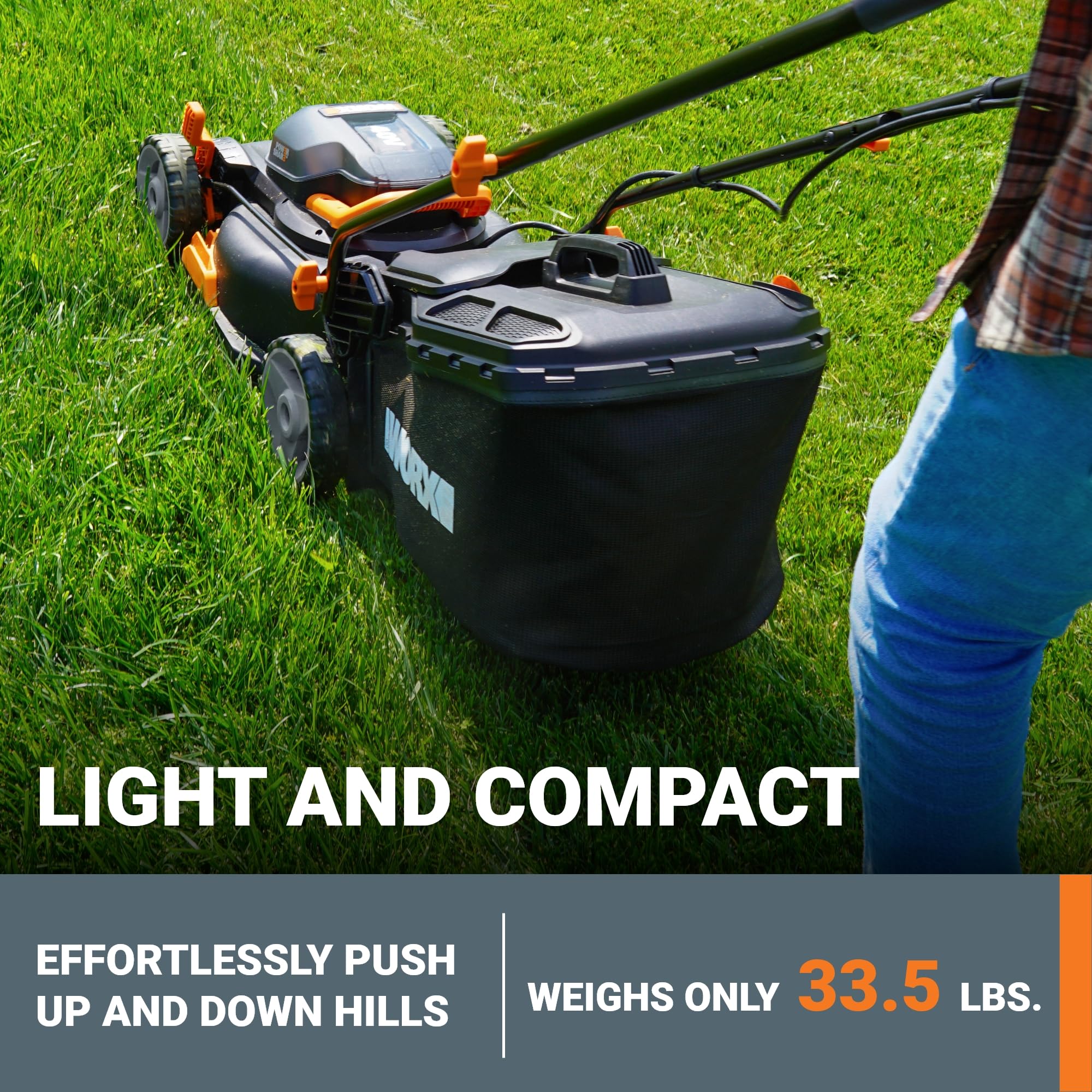 17" WORX Cordless Lawn Mower, 2 in 1 Electric Mower Cuts Quietly, Compact & Lightweight Push Lawn Mower with 7-Position Height Adjustment for Small Yards, 2 Batteries & Charger Included, WG743