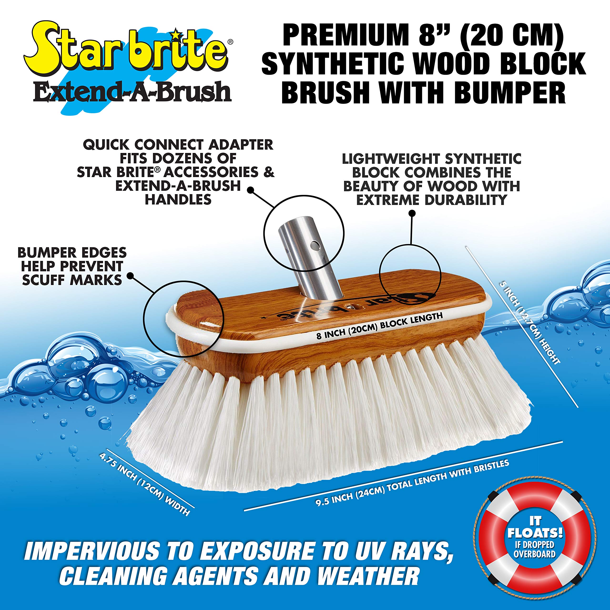 8" STAR BRITE Premium Cleaning Brush – Synthetic Wood Block with High-Density Star Prene Fibers for Boat Decks, Docks & Tough Surfaces – Fits Extend-A-Brush Handles – Stiff Bristle, White (040172)