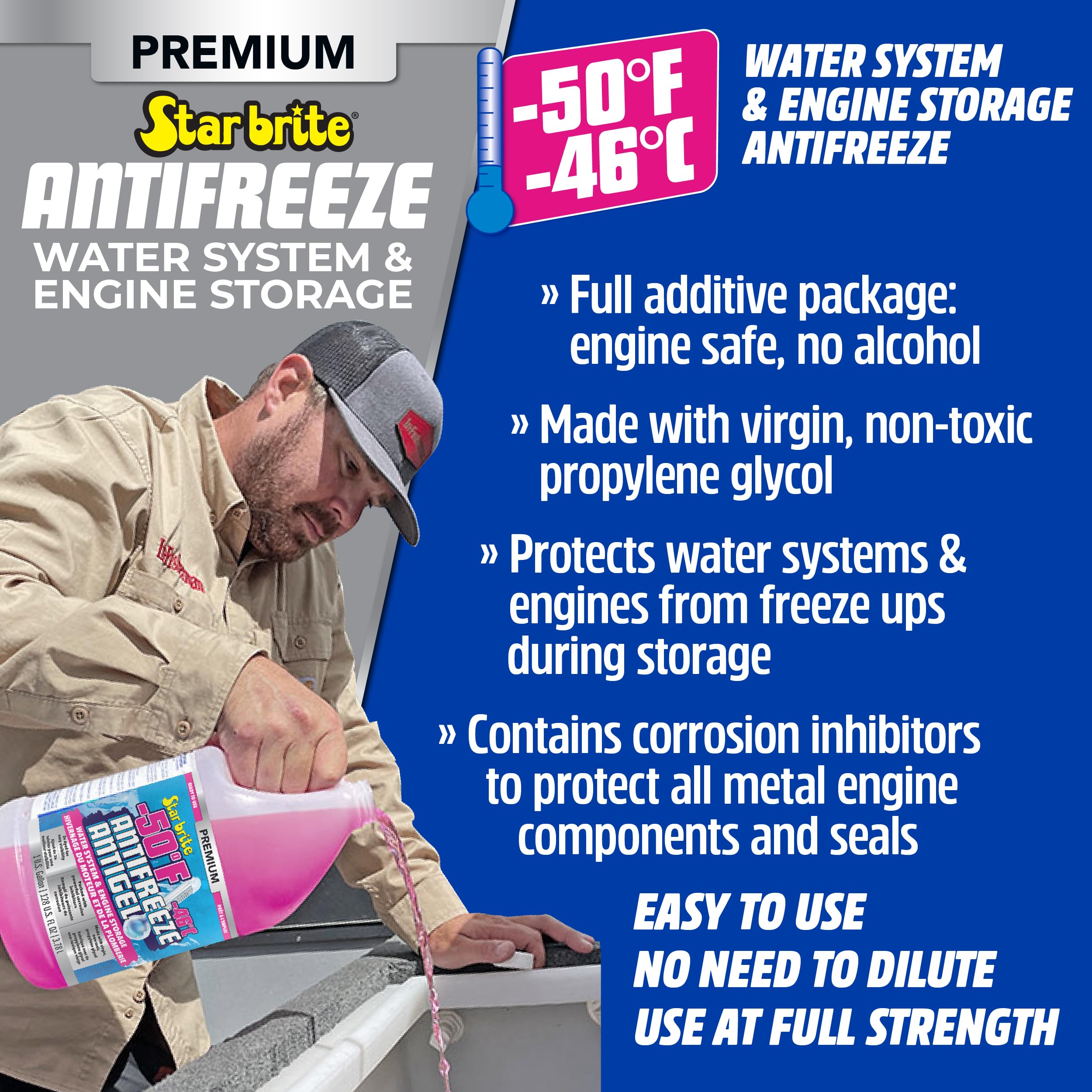 Premium STAR BRITE -50°F RV & Marine Antifreeze, Non-Toxic Engine & Water System Winterizer, Corrosion Inhibitors, Safe for Metals & Plastics