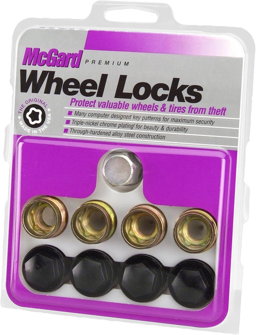 Radius Seat McGard Wheel Locks (M14 x 1.5 Thread Size) - Set of 4, Silver, 4 Locks / 1 Key / 4 Caps