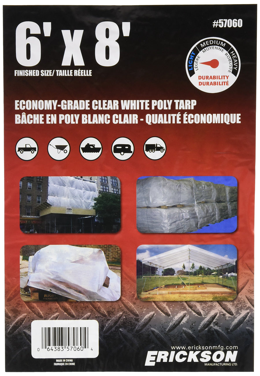 57060 Erickson Clear White Economy Grade Poly Tarp, 6' x 8', 1 Pack