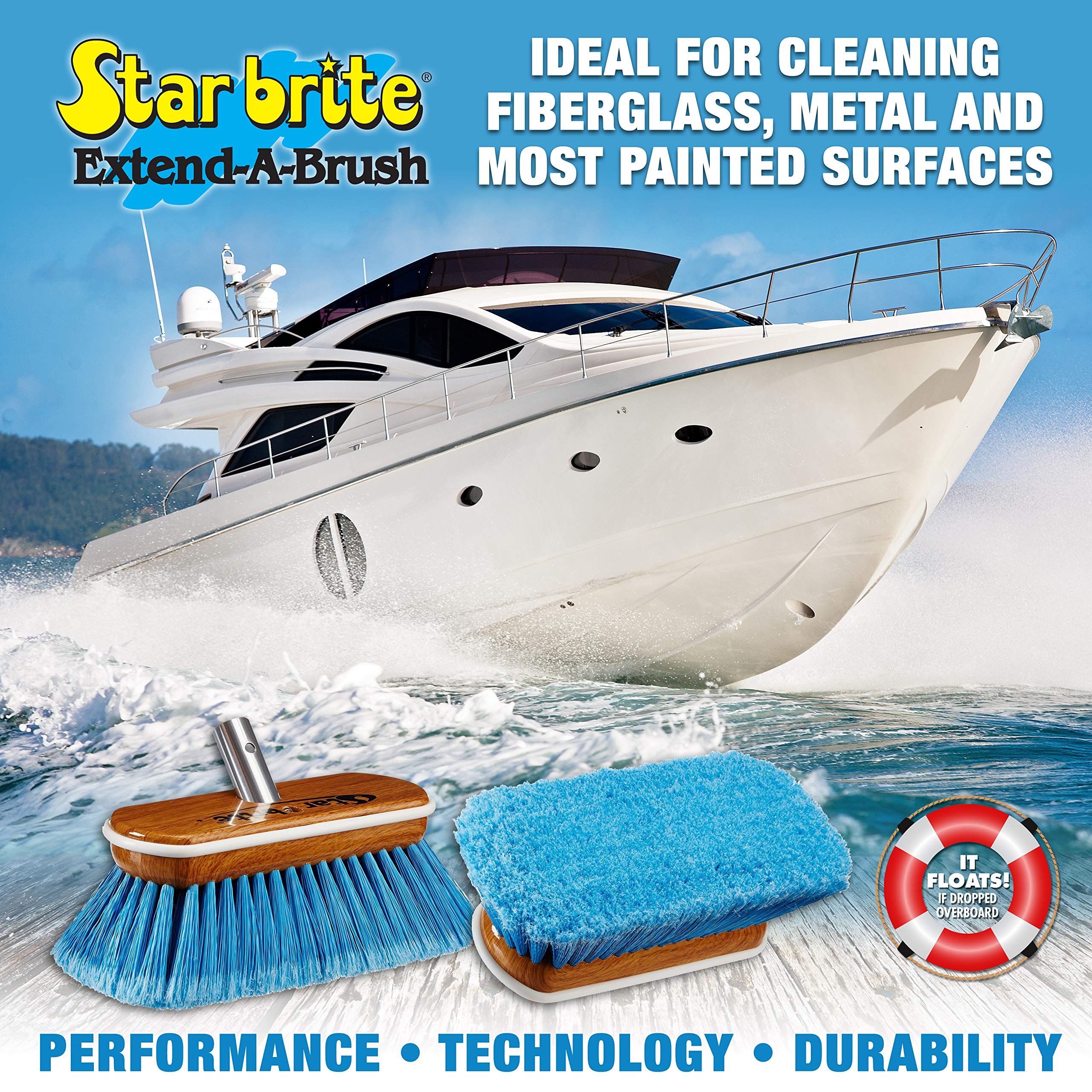 8" STAR BRITE Premium Cleaning Brush - Synthetic Wood Block with Durable, High-Density Star Prene Fibers for Boat, RV & Auto Surfaces - Extend-A-Brush Handles - Medium Bristle, Blue (040171)