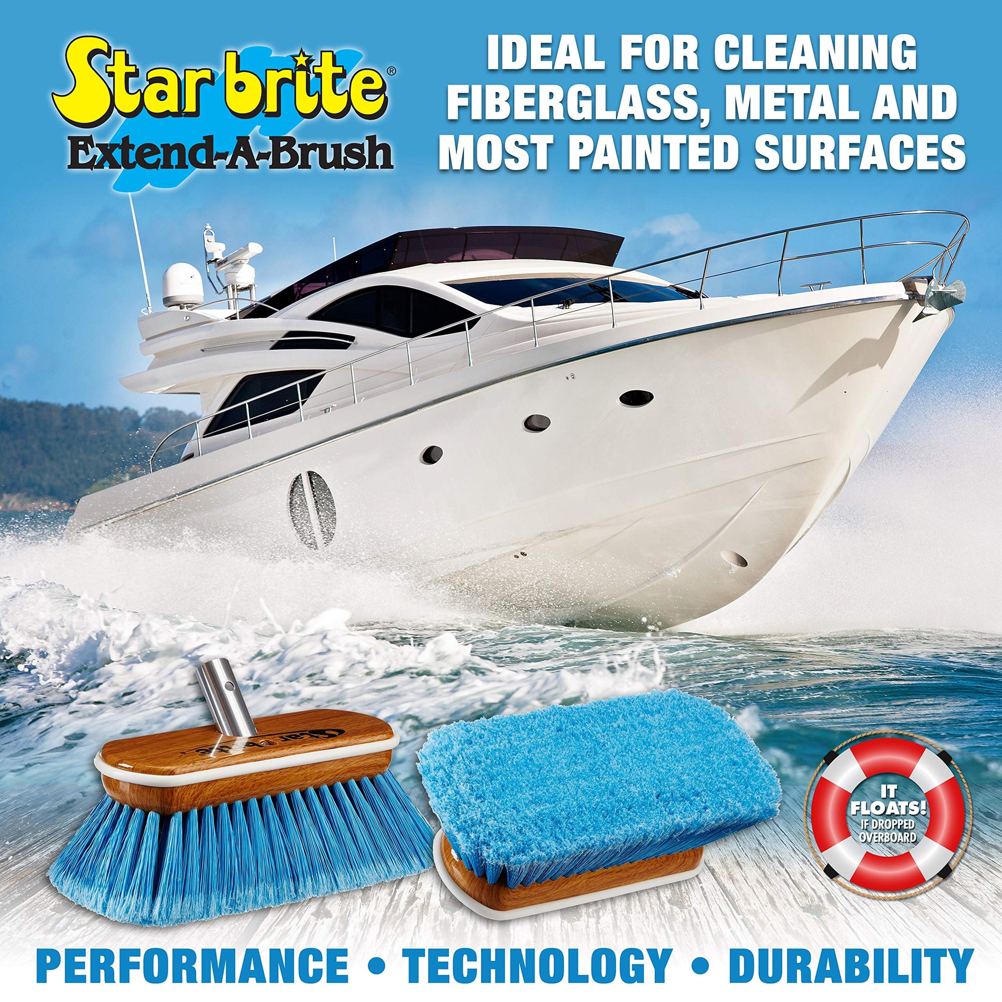 8" STAR BRITE Premium Cleaning Brush - Synthetic Wood Block with Durable, High-Density Star Prene Fibers for Boat, RV & Auto Surfaces - Extend-A-Brush Handles - Medium Bristle, Blue (040171)