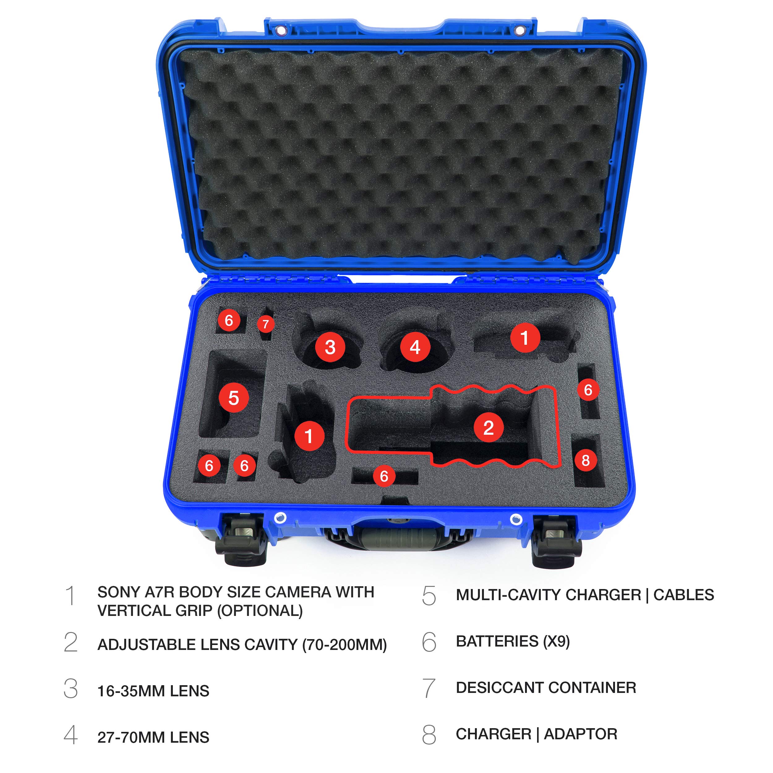 Waterproof Nanuk 935 Carry-On Hard Case with Custom Foam Insert for Sony A7R Size Camera w/Wheels - Blue (935-ESON8)
