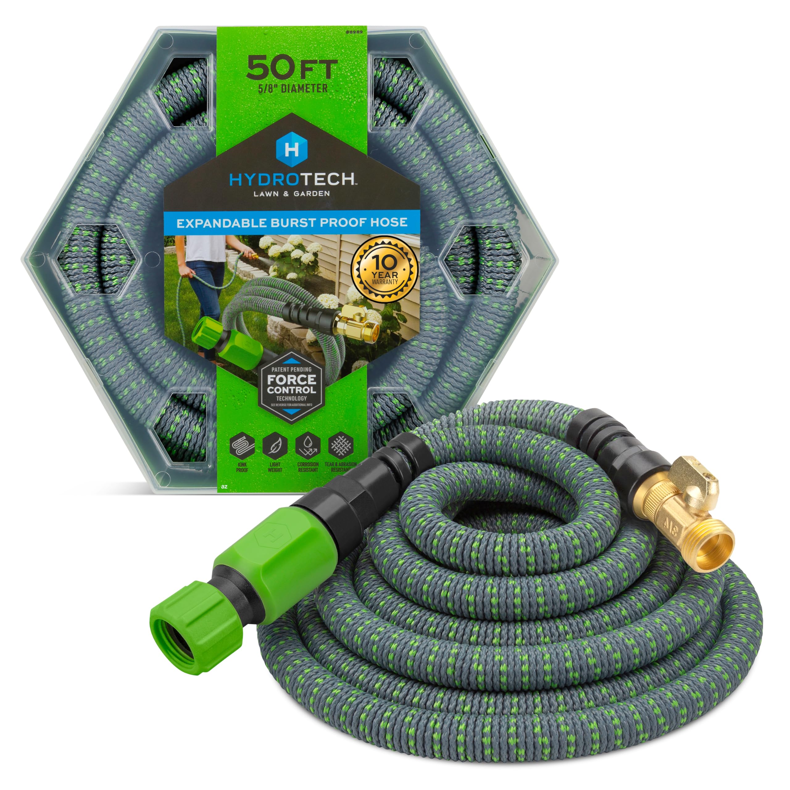 50 ft HydroTech Expandable Garden Hose - Burst Proof & Lightweight, Flexible Water Hose with Durable Reinforced Latex Core & Solid Brass Fittings for Lawn, Garden, Car Washing