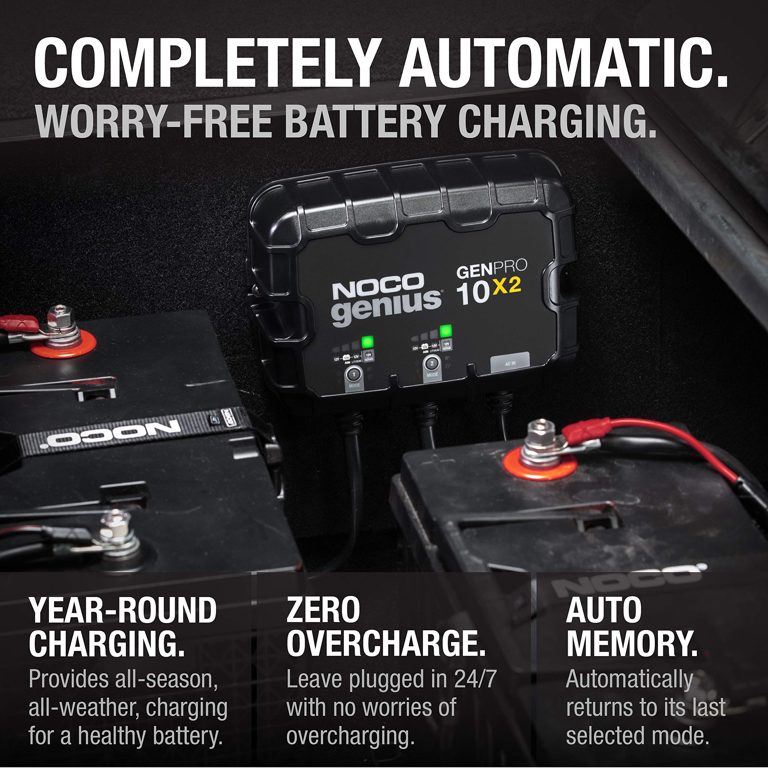GENPRO10X2 NOCO Genius: 2-Bank, 20A Onboard Battery Charger - 10A Per Bank, 12V Waterproof Marine Charger with Overcharge Protection & Temperature Compensation – for Lead-Acid & Lithium Batteries