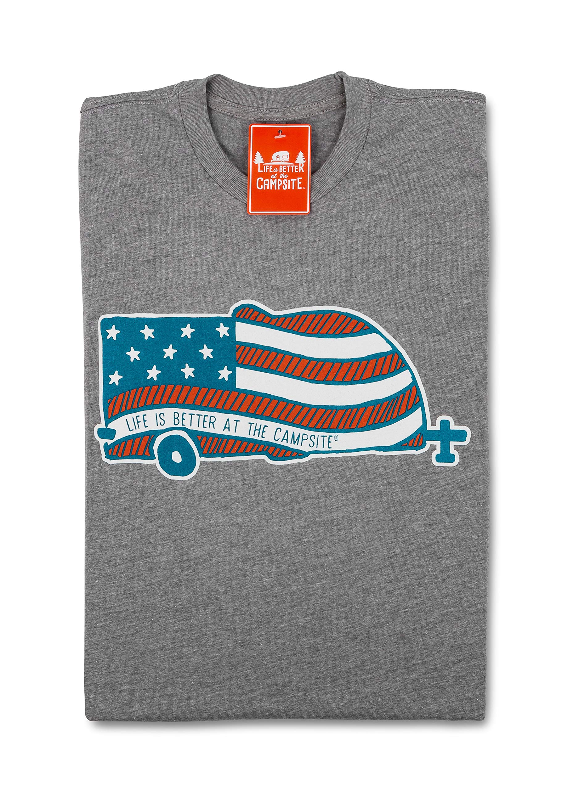 Camco Life is Better at The Campsite Short Sleeve Crew Neck T-Shirt | Features Soft Ring-Spun Cotton Fabric & American Flag Camper Design on Athletic Grey | Machine Washable, Large (53332)