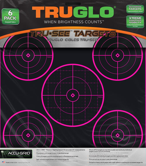TRUGLO 5-Bull Tru-See 12X12 Bright Fluorescent Self-Adhesive High-Visible Reactive Splatter Target with Increased Target Life, 6-Pack/Pink