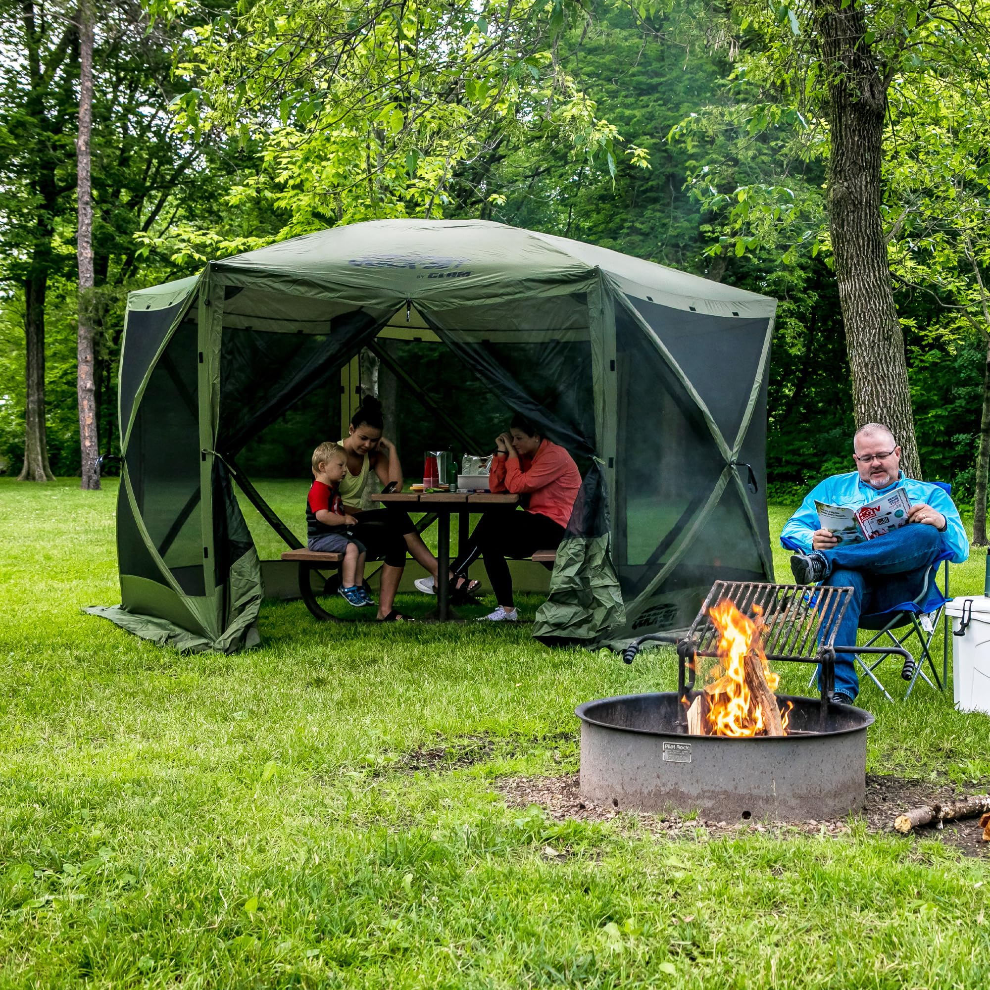 Pop Up CLAM Screen Tent, Outdoor Camping Gazebo Canopy, Escape, 11.5', Green - Heavy-Duty Portable Screened Shelter with Netting for Beach, Patio, and Backyard