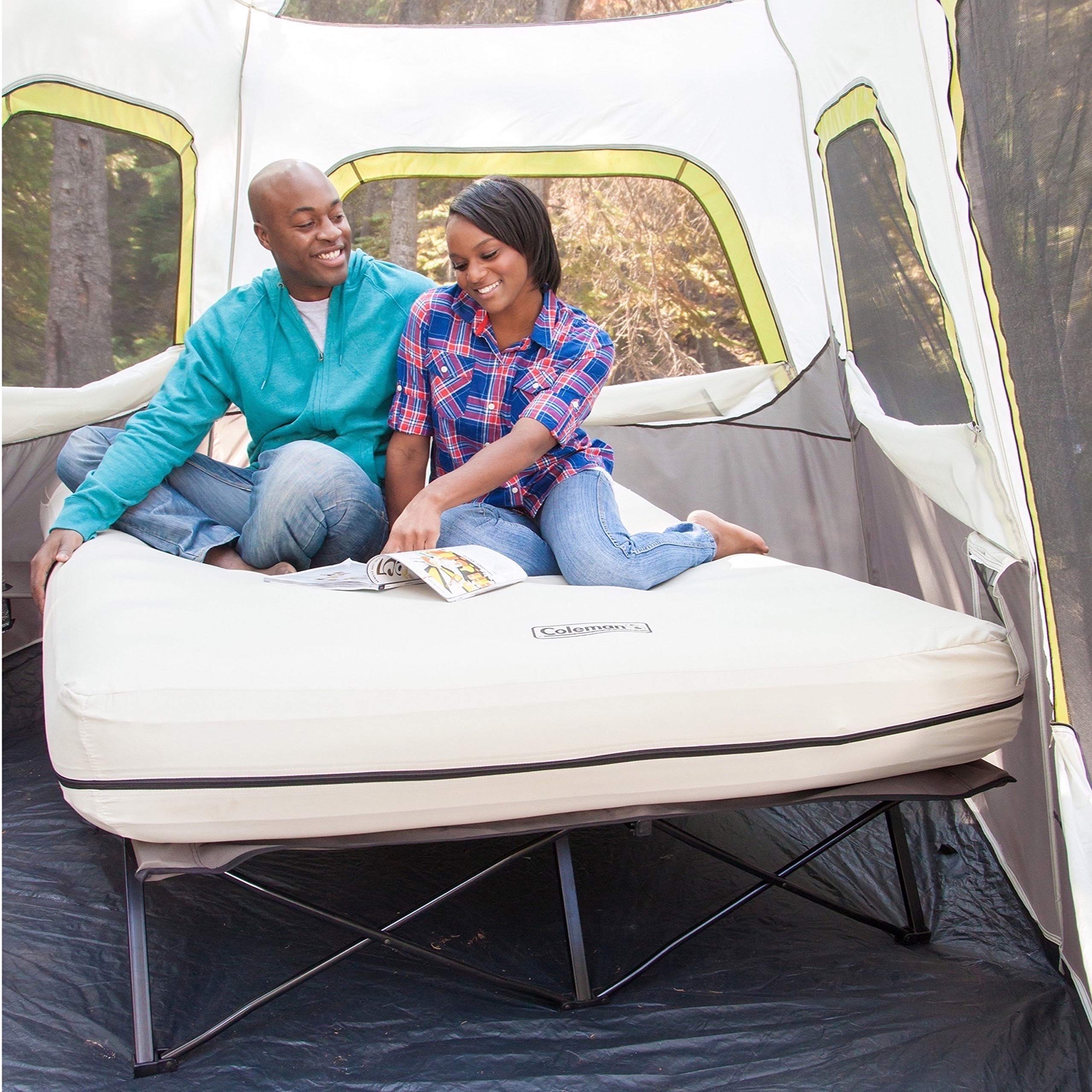 Queen-Size Coleman Airbed Cot Combination, Folding Air Mattress with Steel Frame & Side Table, Battery Pump Included, Great for Camping, Lounging, Elevated Sleeping, Guests, & More