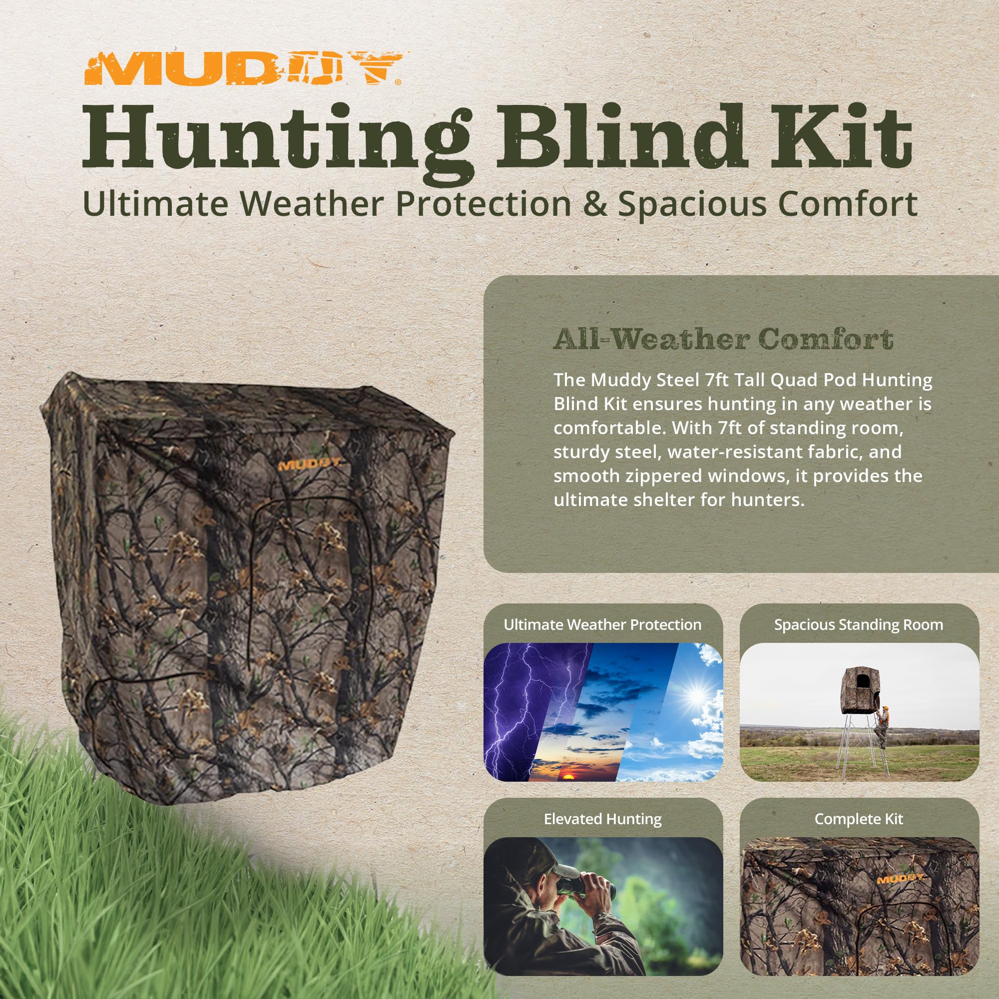 7' Tall MUDDY Quad Pod Steel Hunting Blind Cover with 4 Zippered Windows (Stand Not Included) - Portable Camouflage Shelter and Gear
