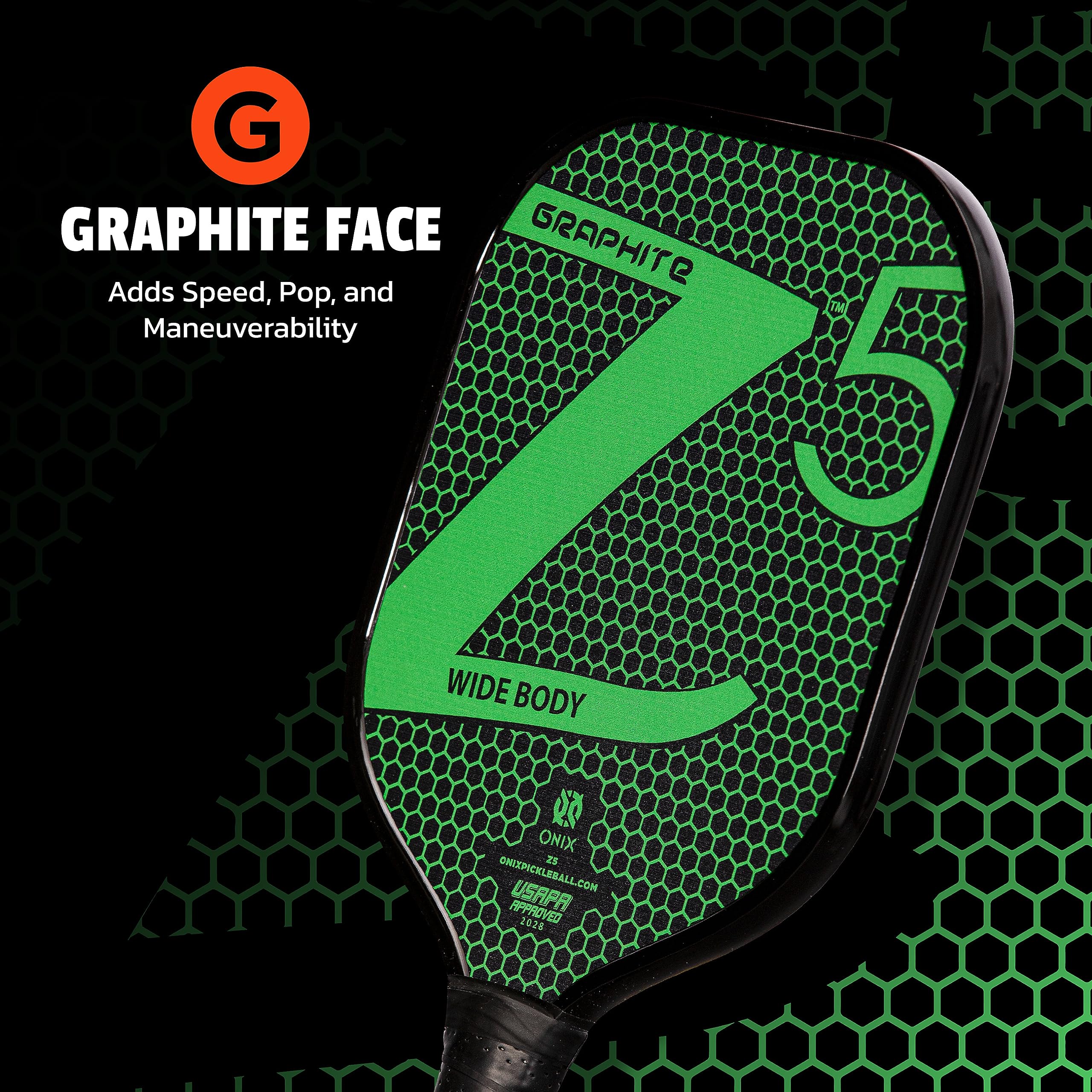Graphite ONIX Z5 Pickleball Paddle (Graphite Carbon Fiber Face with Rough Texture Surface, Cushion Comfort Grip and Nomex Honeycomb Core for Touch, Control, and Power), Green