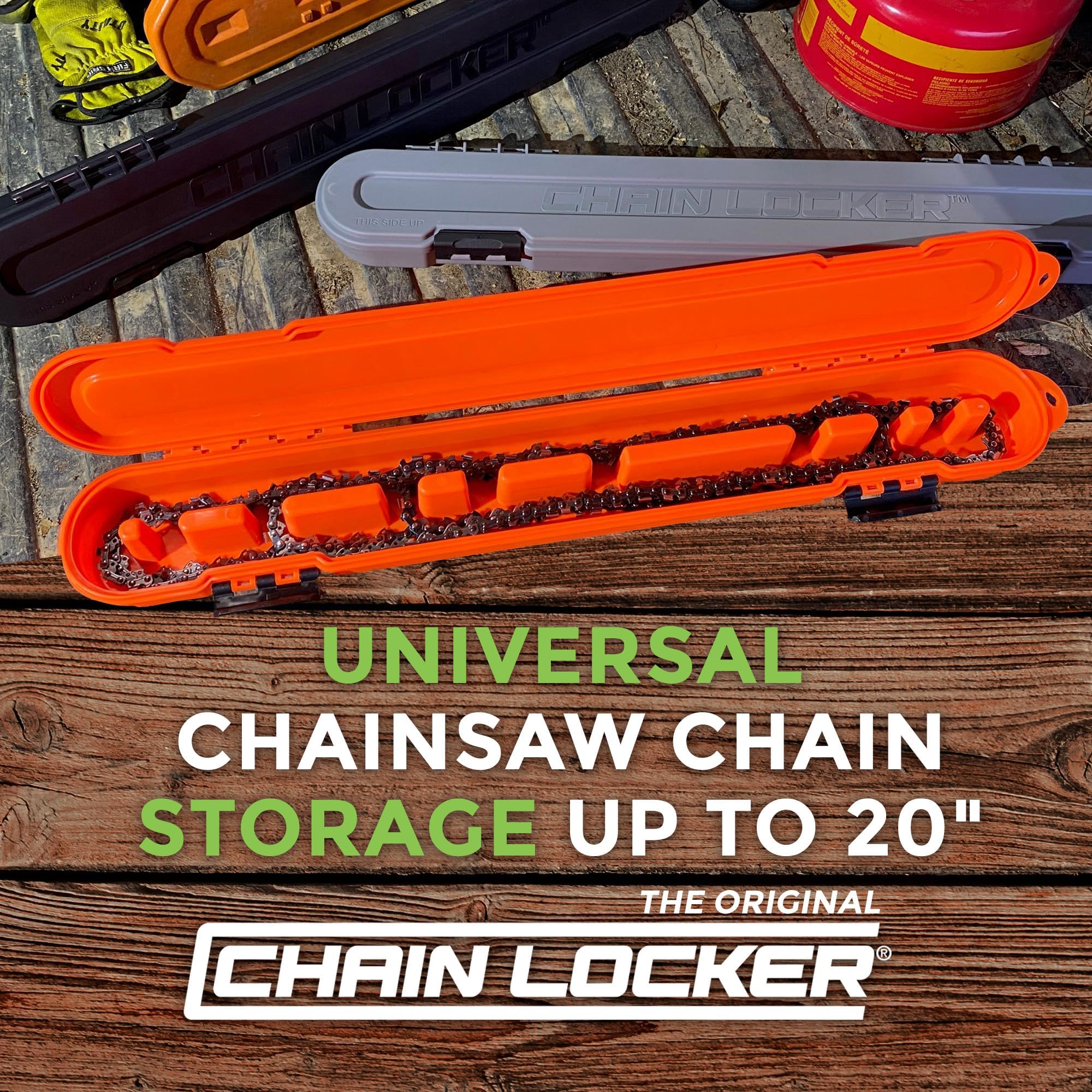 Chainsaw Chain Original Storage - Portable Universal Case for Chains up to 20” Blades - Stacks 2 Inches Deep, Holds Minimum 8 Chains, Made in USA - Orange - Holiday Gift for Family
