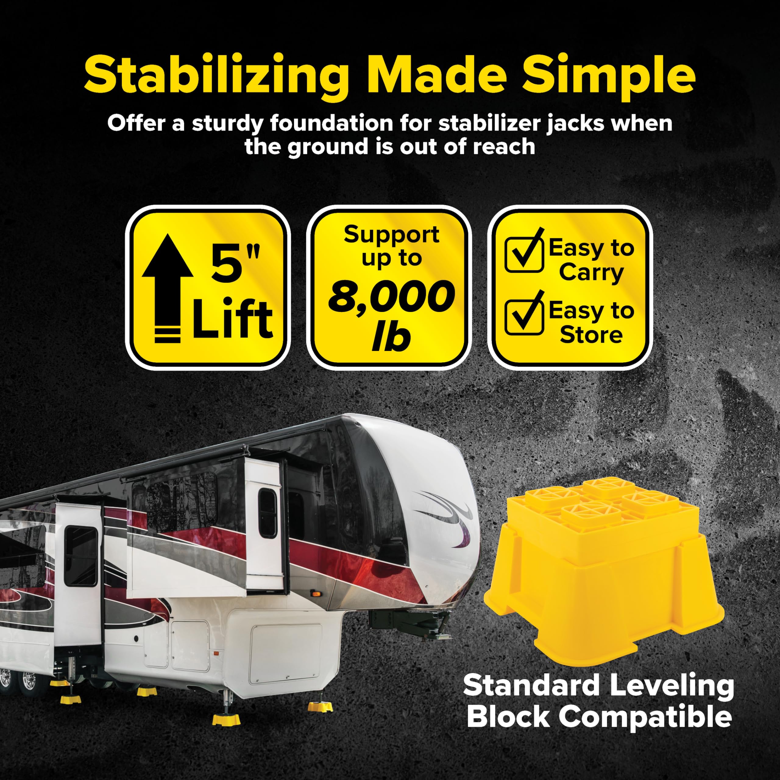 Camco RV Leveling Fasten High-Gain Base - Nesting Design for RV Storage - Convenient Carry Handle - Compatible w/Square RV Leveling Blocks and RV Jacks - Supports Up to 8,000lbs, 2-Pk (44539)
