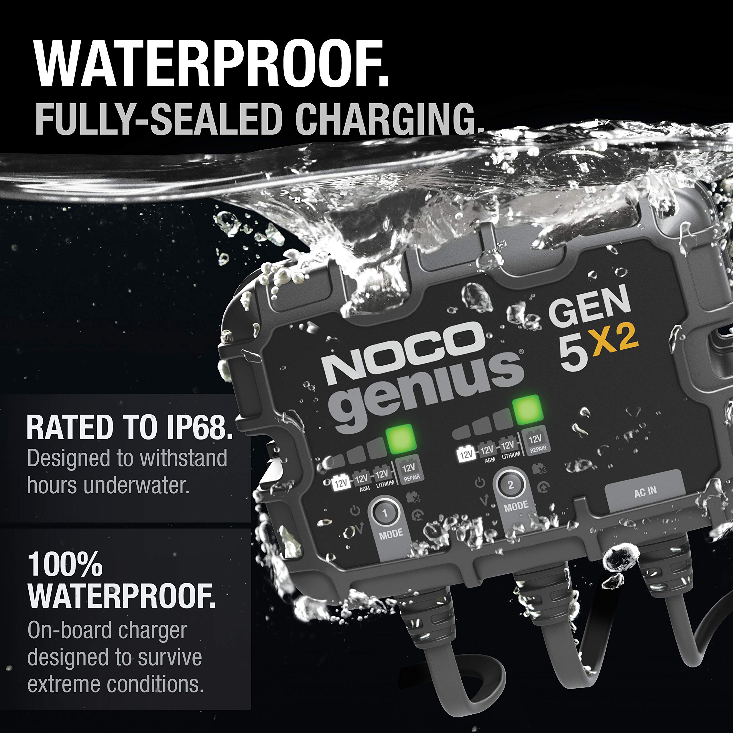GEN5X2 NOCO Genius: 2-Bank, 10A Onboard Battery Charger - 5A Per Bank, 12V Waterproof Marine Charger with Overcharge Protection & Temperature Compensation – for Lead-Acid & Lithium Batteries