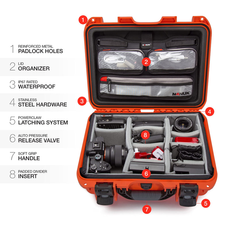 Waterproof Nanuk 920 Hard Case with Lid Organizer and Padded Divider - Orange