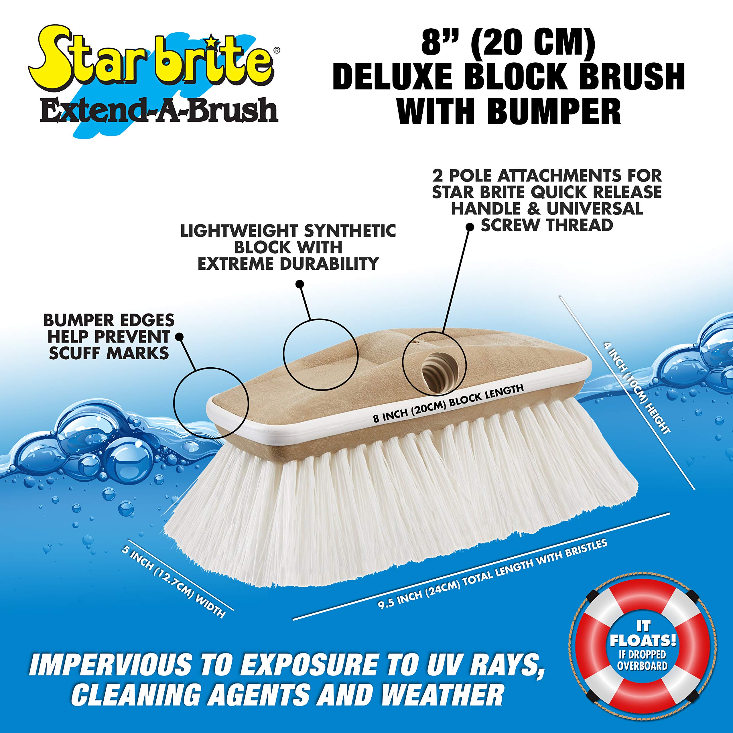 8" STAR BRITE Premium Stiff Bristle Brush Head W/Bumper - Dual Connections Fit Either Standard 3/4" Threaded Poles or Extend-A-Brush Handles (Coarse) (White) (040163)