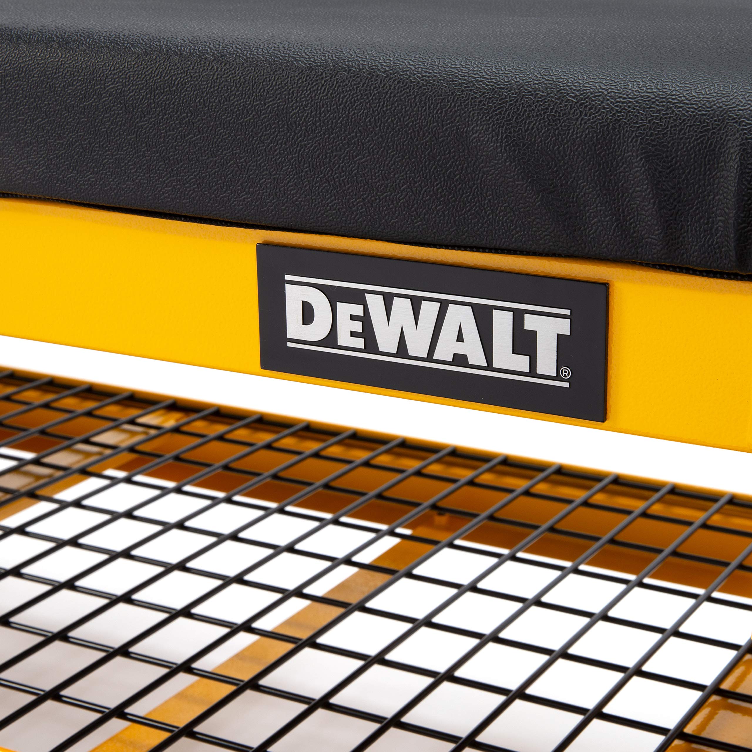 DEWALT Bench Garage with Wire Grid Storage Shelf, Rip-Resistant Foam-Padded Vinyl Seat, 1000-lb Capacity Bench Top, 1500-lb Capacity Shelf, Steel Frame