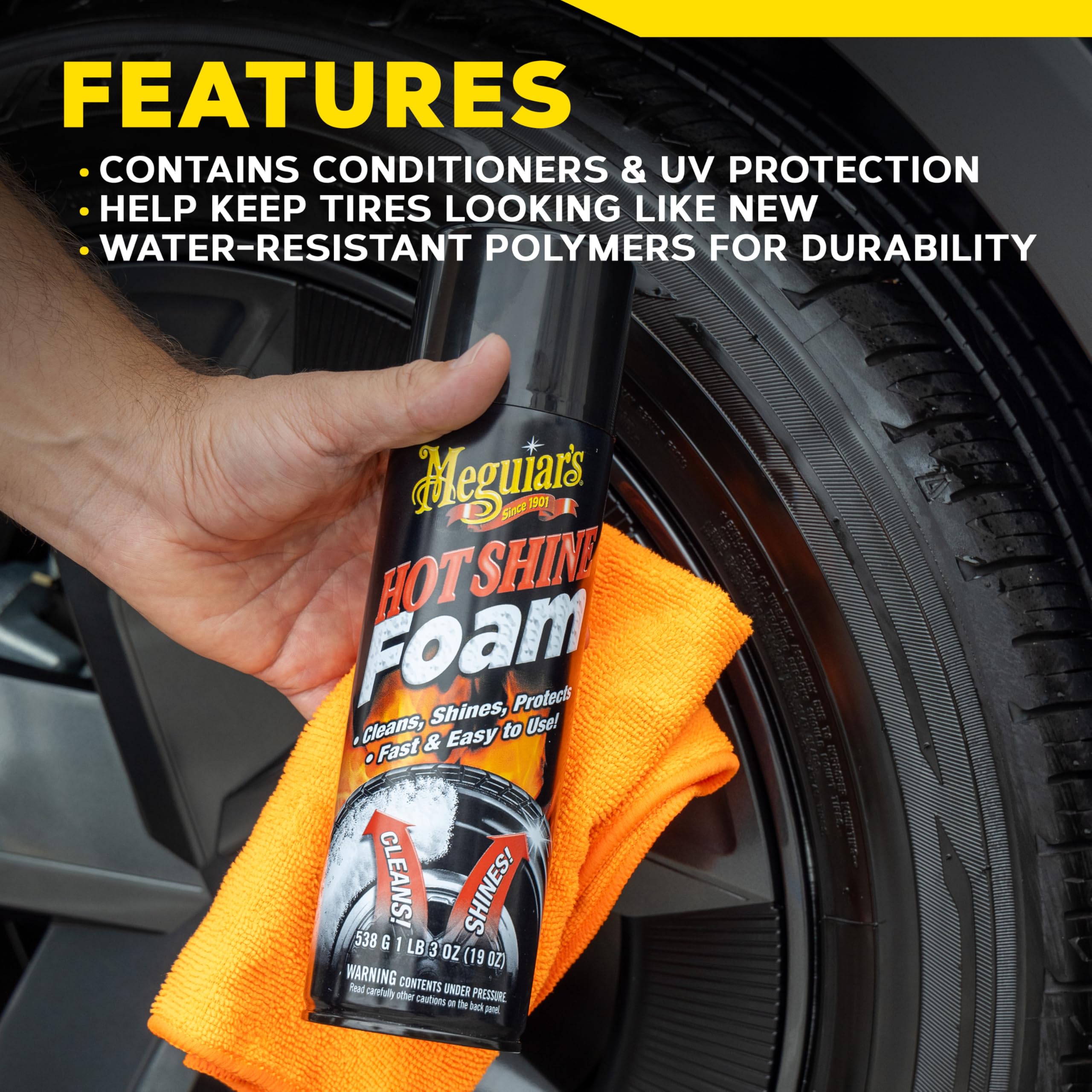 Hot Shine Meguiar's Tire Foam, High Gloss Tire Shine That Cleans, Shines, and Protects in One Step, Deep, Black Shine with Conditioners and UV Protection, Best Gifts for Car Lovers, 19 Oz Aerosol