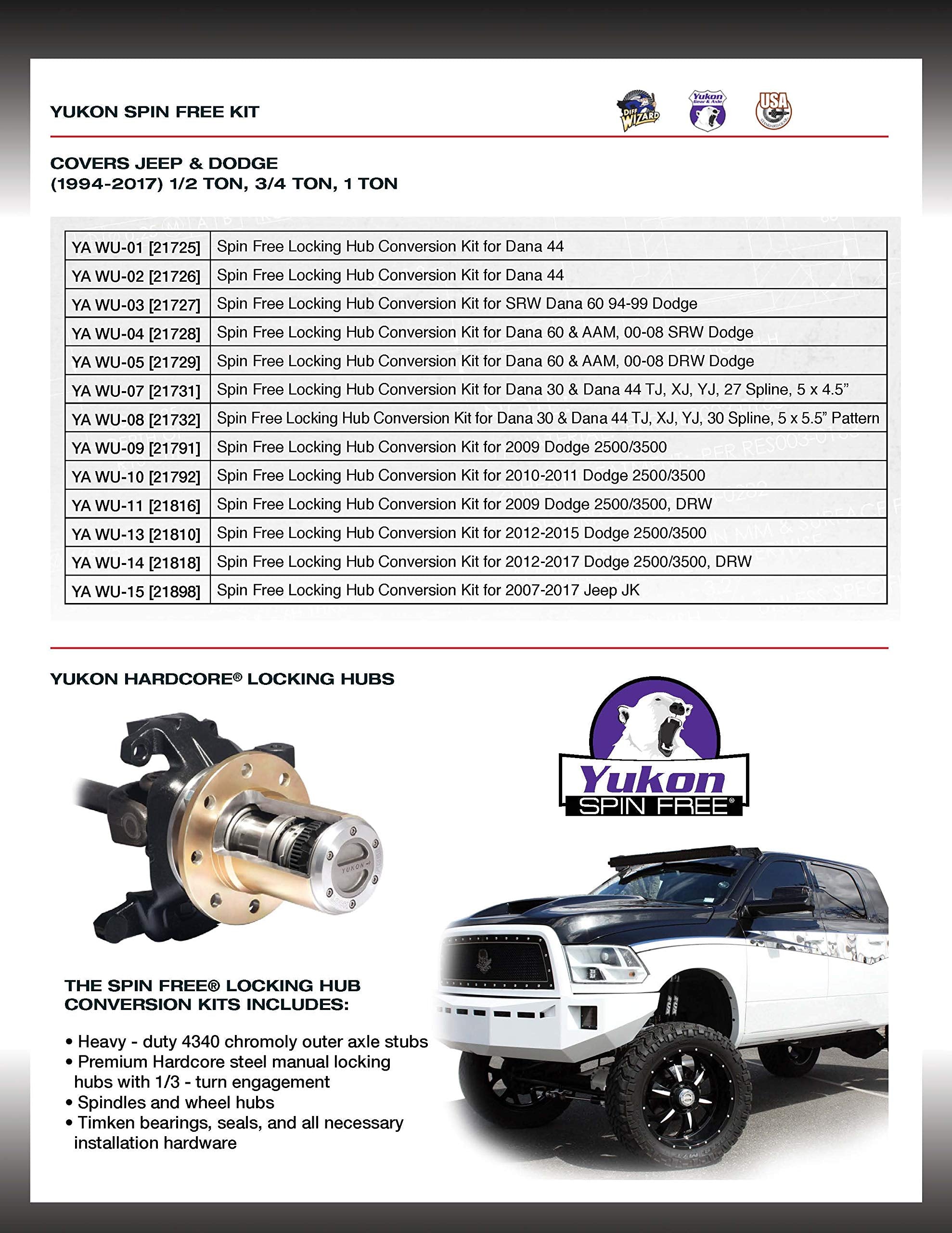 Yukon Gear & Axle (YA WU-05 Locking Hub Spin Free Conversion Kit for Dodge DRW Dana 60 AAM Differential