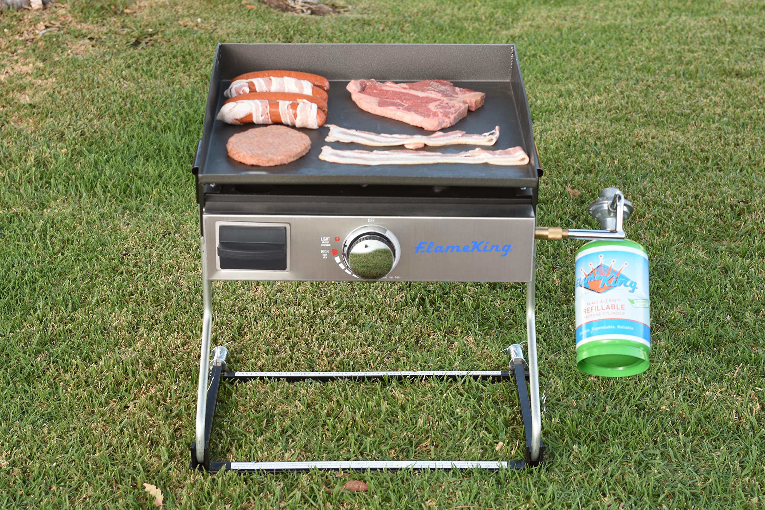 17-inch Flame King Flat Top Griddle for Outdoor BBQ Grill, Portable Propane Gas Griddle for Camping and Tailgating, w/ Mounting Bracket