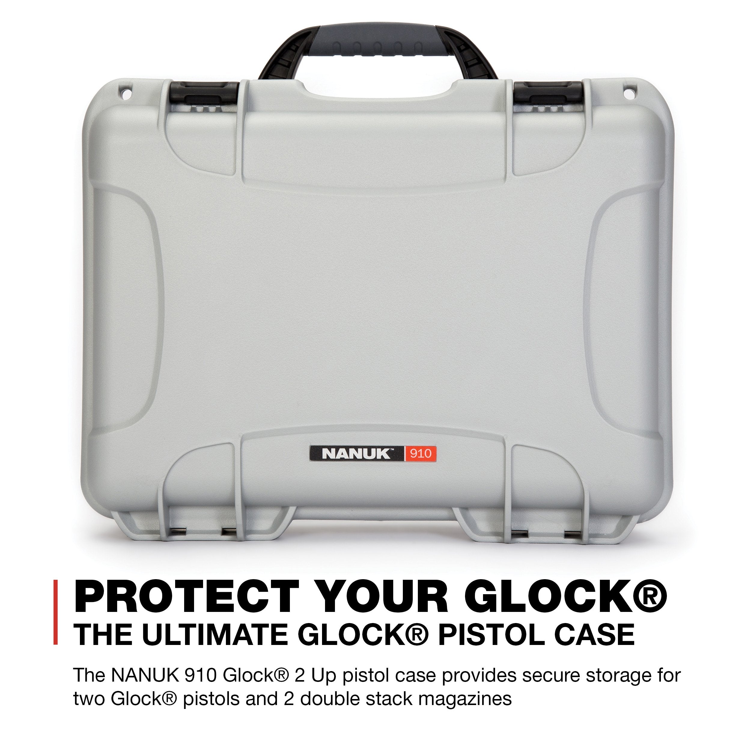 2UP Nanuk 910 Waterproof Hard Case w/Custom Foam Insert for Glock Pistols - Silver
