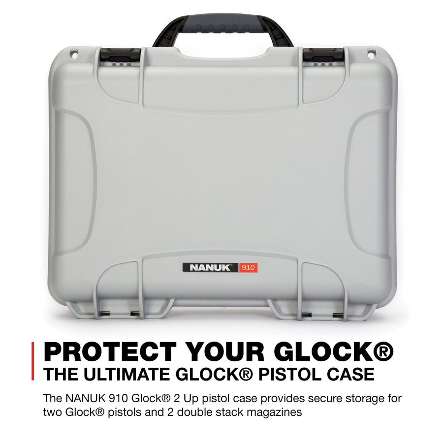 2UP Nanuk 910 Waterproof Hard Case w/Custom Foam Insert for Glock Pistols - Silver