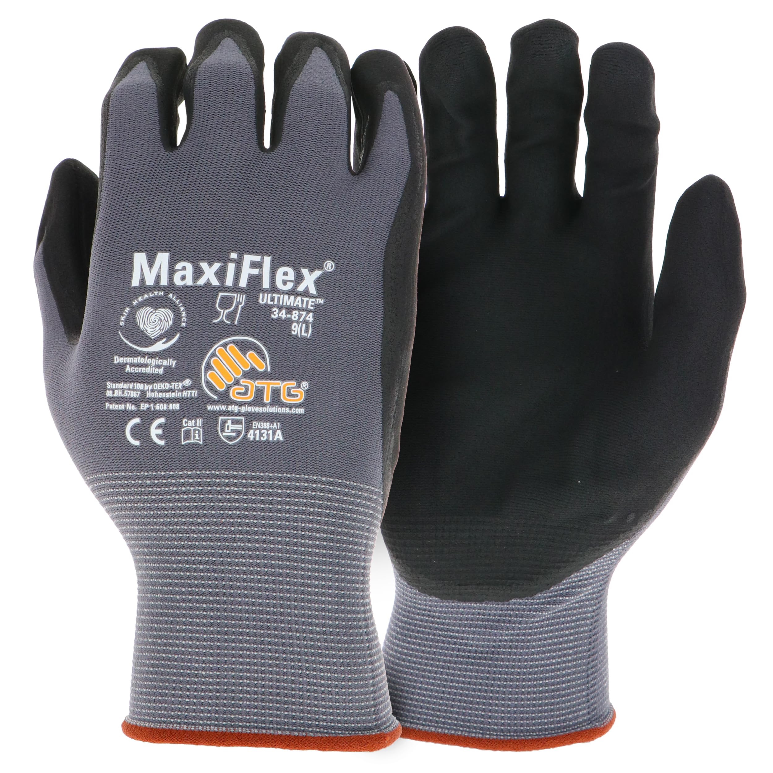 Maxiflex Ultimate ATG 34-874T/L, 15G Gray Nylon Shell, Black Nitrile Grip, Tagged Gray L