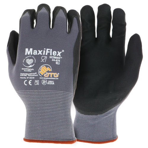 Maxiflex Ultimate ATG 34-874T/L, 15G Gray Nylon Shell, Black Nitrile Grip, Tagged Gray L