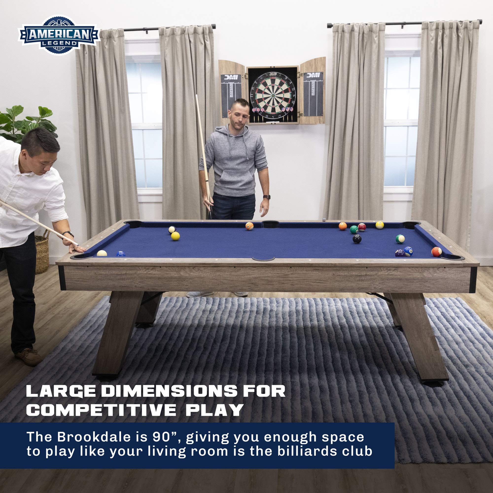 Brookdale American Legend 90” Billiard Table with Rustic Wood Finish and Navy Blue Cloth