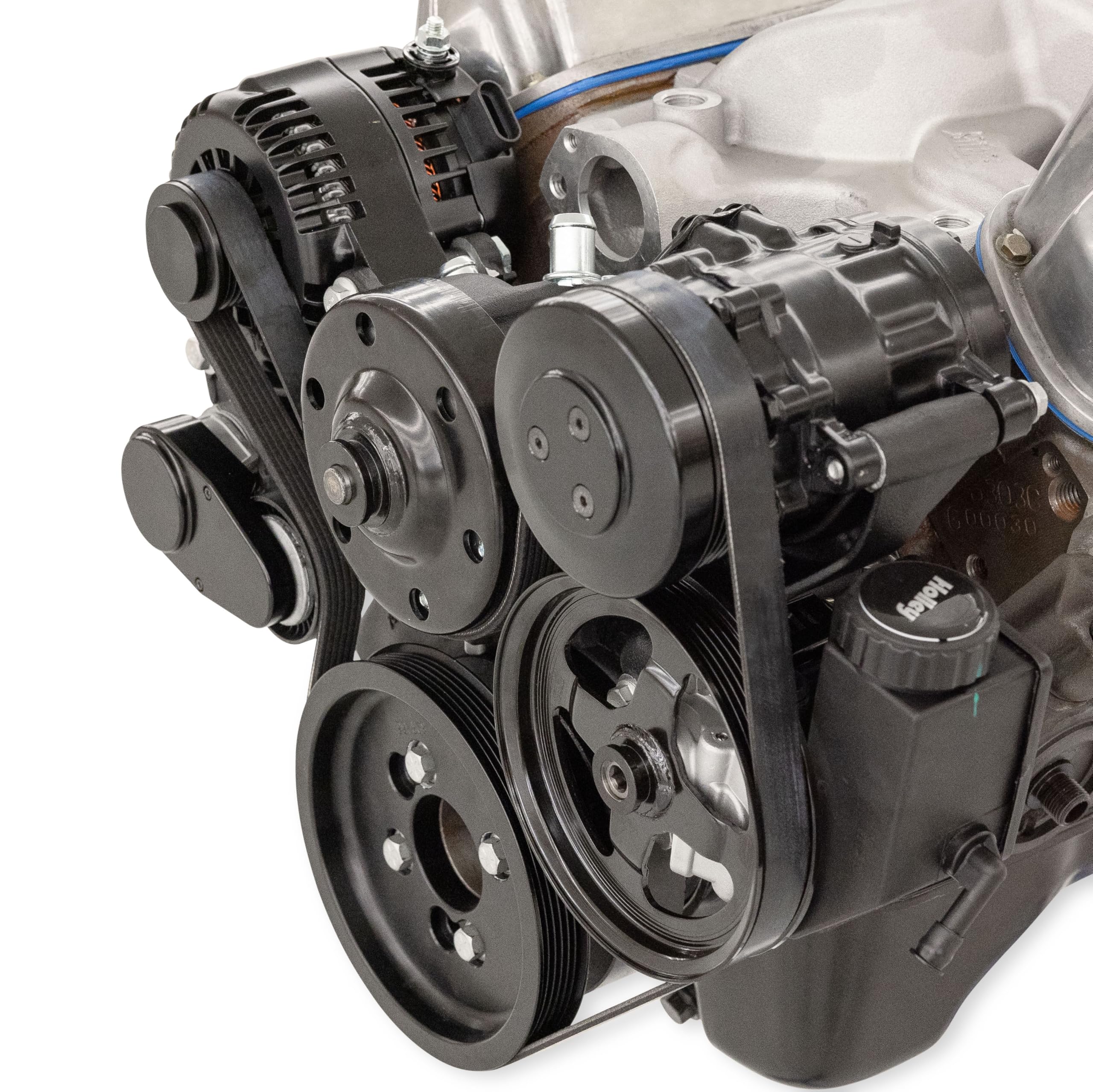 Holley Complete Serpentine Drive Front Accessory Conversion System | Mid-Mount with Water Pump, Alternator, A/C & Power Steering | Fits 289-302-351W Small Block Ford Black Finish 20-370BK