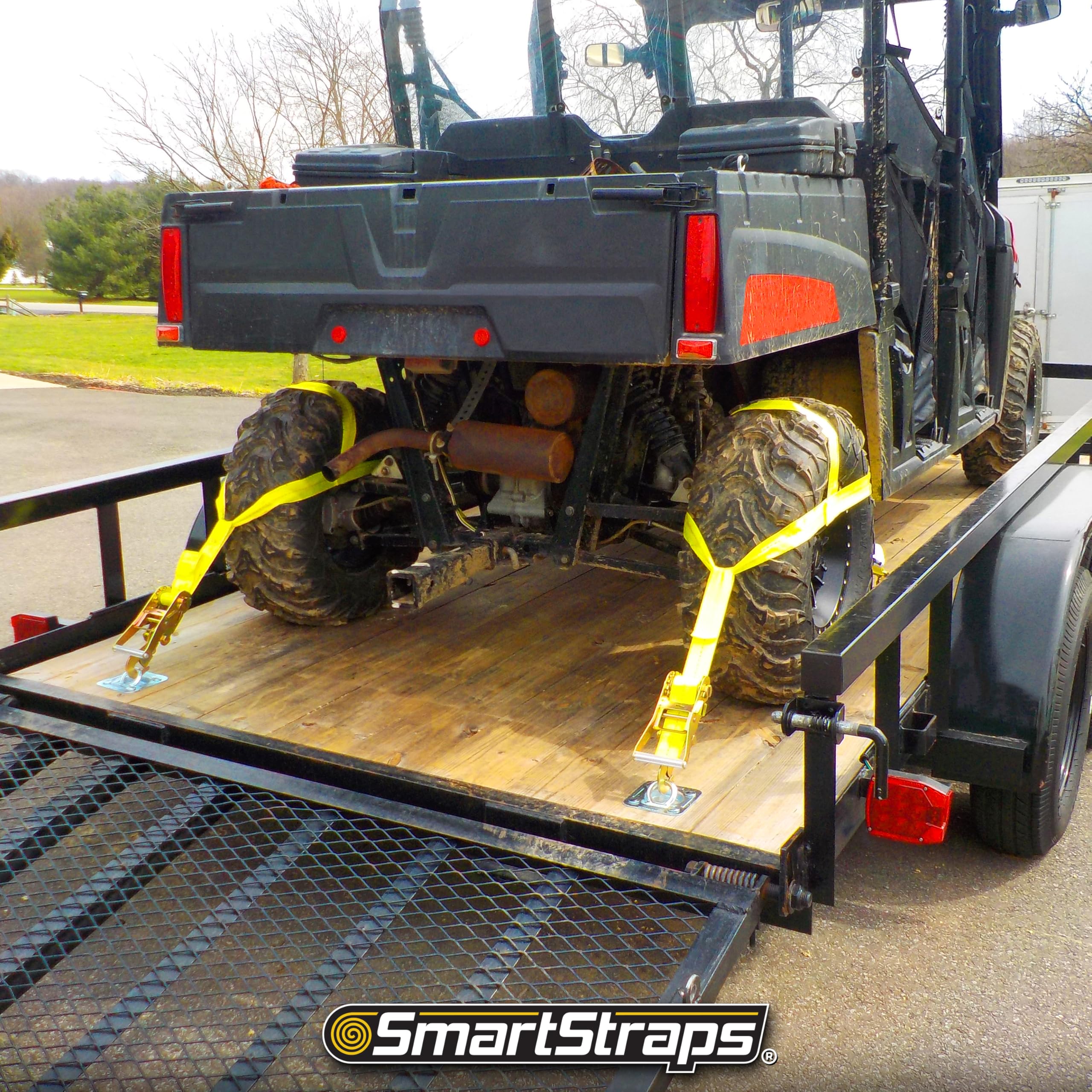 Tire Bonnet Ratchet Straps SmartStraps — Commercial Duty Tire Bonnet Tie Down with Ratchet — 10,000lb Break Strength, 3,333lb Safe Load — Haul Equipment, Tractors and Vehicles, Small, Yellow, 1 Pack