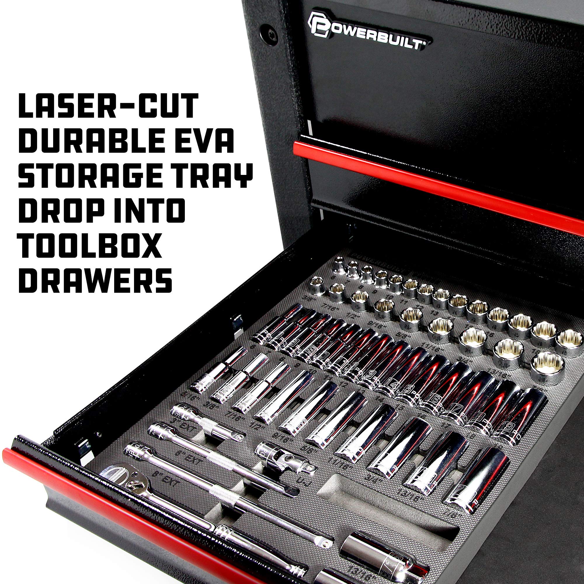 Powerbuilt Ratchet and Socket Tool Set, Extension Bars, Deep and Shallow Sockets, Organizer Tray, Pro Tech Series - 949005, 3/8-Inch, Silver, 54 Piece