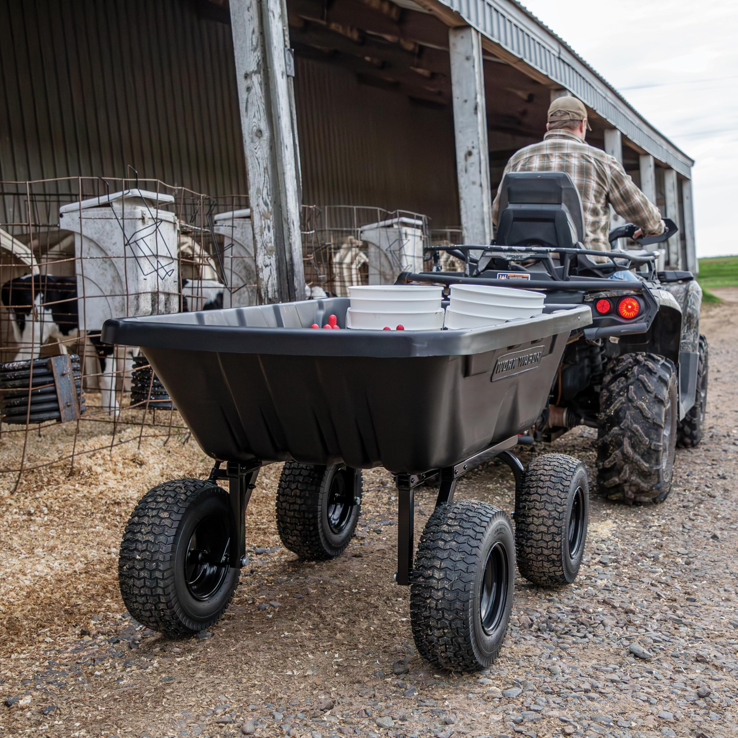 Work Wagon® YUTRAX® 16 cu. ft. Towable Poly Cart, 1800 Pound Capacity, Easy Dump Feature, Hybrid Handle, Simple to Assemble Steel Frame, 16" Extra-Wide Tires, WW16P