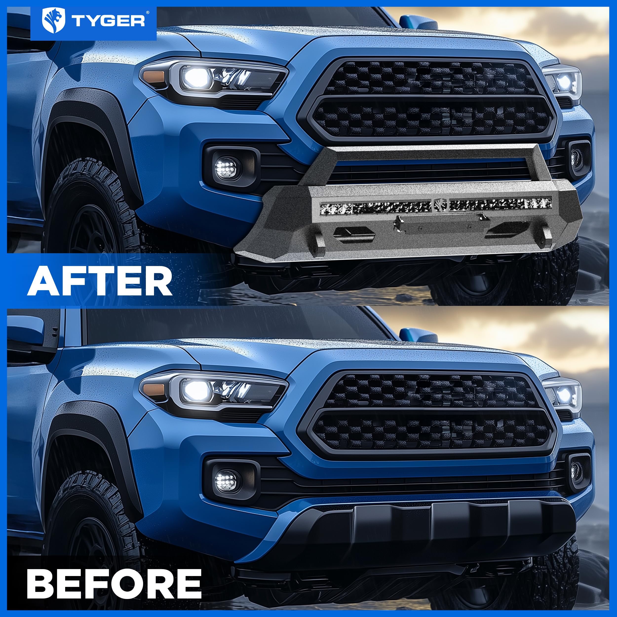 Fury Tyger Auto Center Bumper Guard + Light Bar Compatible with 2016-2023 Toyota Tacoma | Winch Plate | D-Ring | Textured Black | Rock Crawler | TG-BP7T32577
