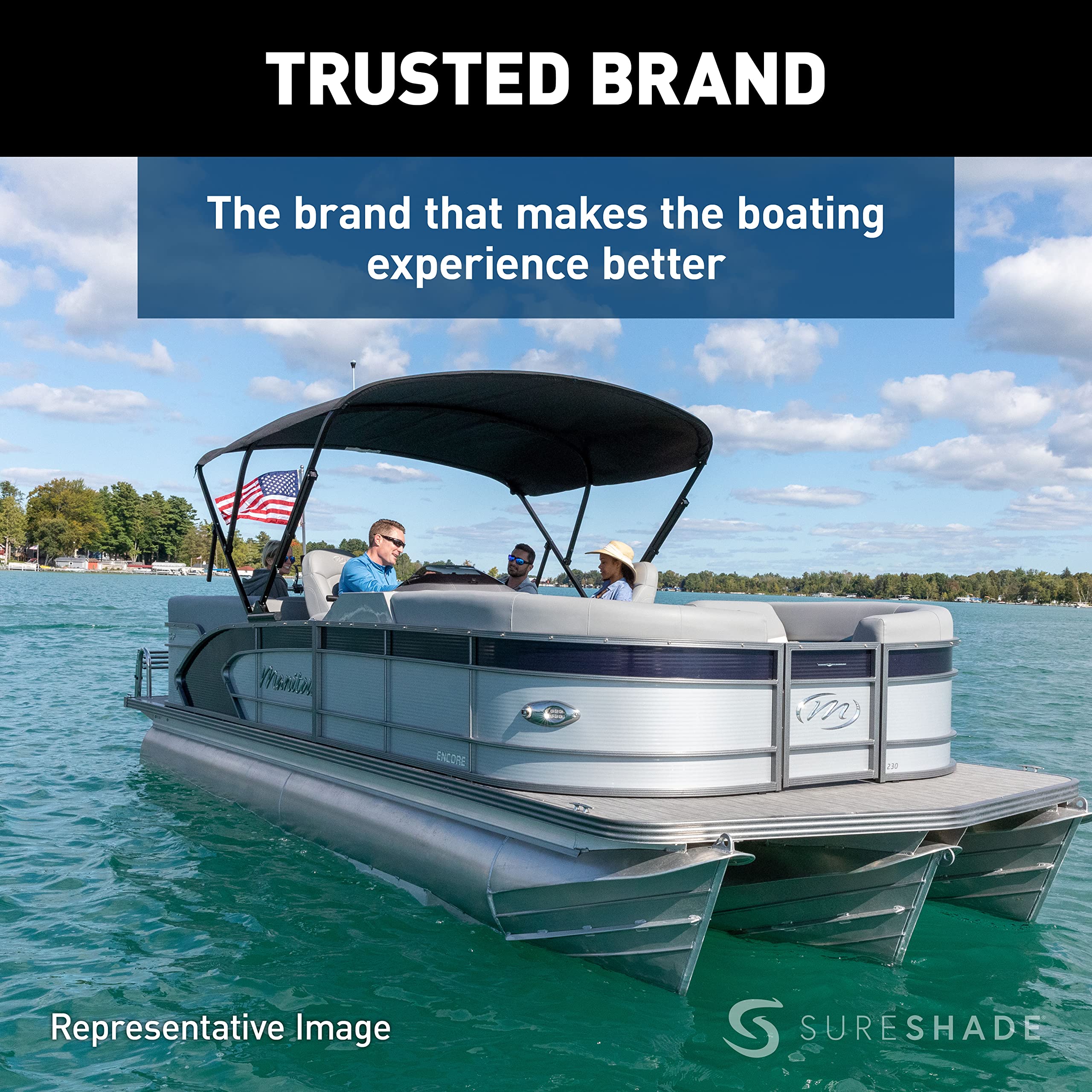 Power SureShade Pontoon Bimini Top - Black Anodized Frame, Black Fabric