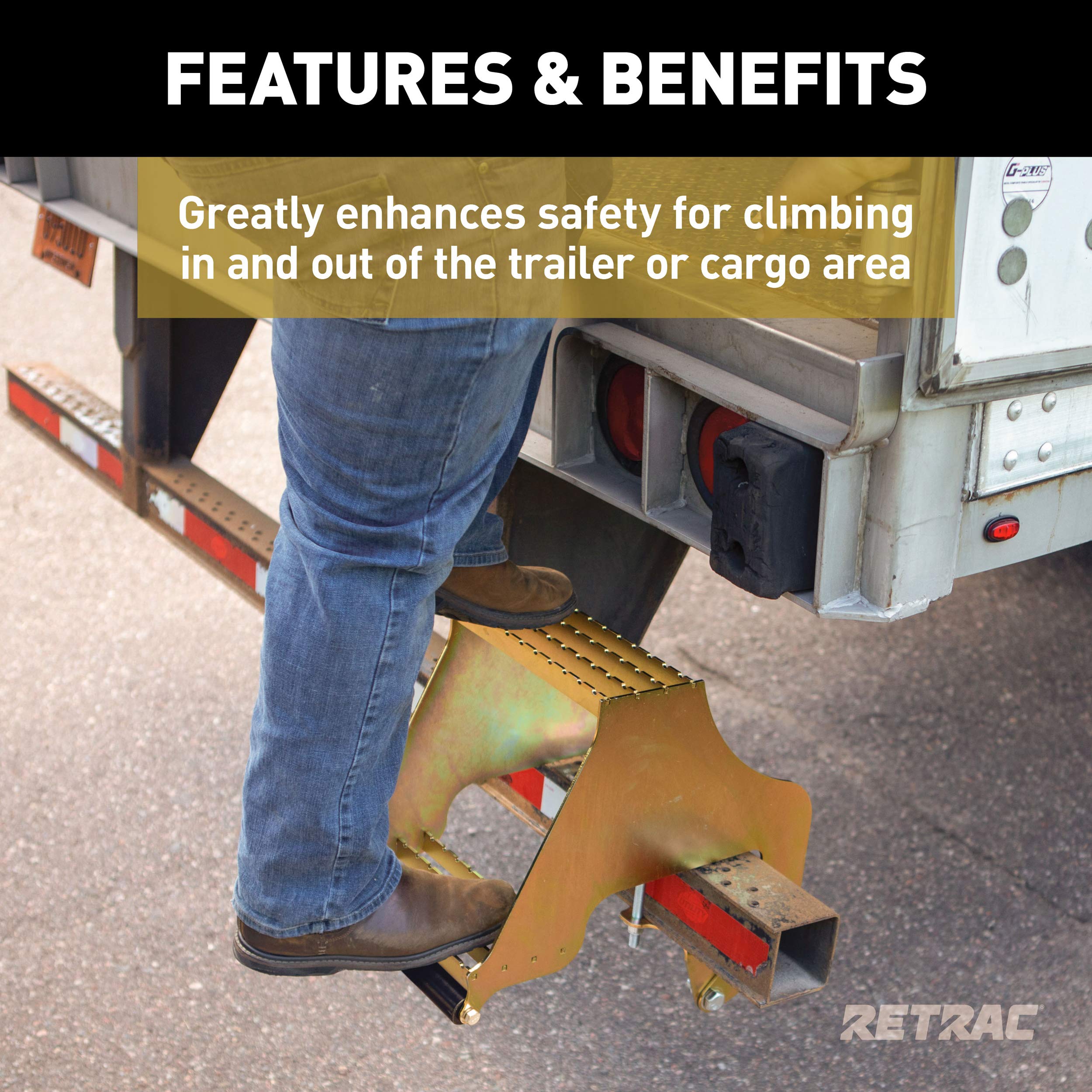 Highrise RETRAC 409924 Folding Rear Semi Truck Steps with Auto-Stow, Fits 4-Inch Bumper Beam, Steel, 600 lbs, Semi Trailers, Box Trucks